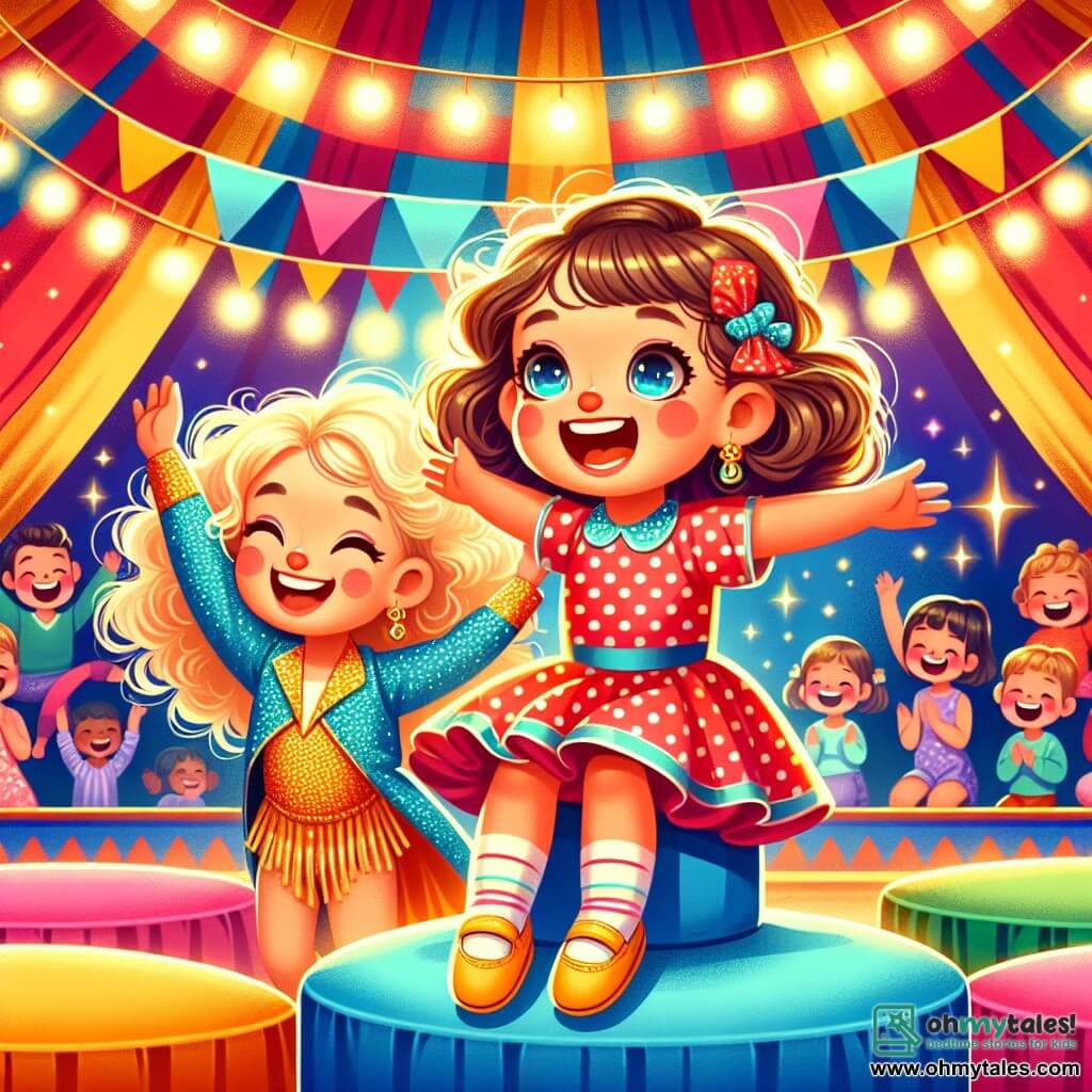 A 2-year-old girl with sparkling big eyes and curly hair is sitting on top of a pile of colorful cushions, laughing joyfully with a radiant smile. She is wearing a red polka dot dress and small yellow shoes, exuding pure joy. Next to her, a 10-year-old acrobat with long, smooth hair, dressed in a sparkling blue and gold costume, encourages her by raising her arms, ready to jump. She has a friendly smile and stands firmly on the ground, surrounded by cushions. The scene takes place in a vibrant circus tent, with bright lights and colorful banners hanging above. The floor is covered with fluffy cushions of all colors, creating a cheerful and playful atmosphere. The main situation shows Lila and Mia ready to make a big jump together into the cushions, surrounded by an enthusiastic crowd that applauds and laughs, creating an atmosphere of magic and happiness at the circus.