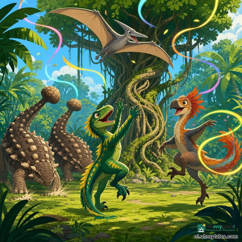 Een jonge velociraptor genaamd Rook, enthousiast en moedig, glimlachend met grote heldere ogen, smaragdgroene veren met gele strepen, lichtjes op zijn achterpoten hoppend en met zijn kleine voorpootjes naar de hemel reikend; Tik, een ondeugende maar tamme oviraptor met rood‑oranje puntige veren, lacht en maakt een sprongetje rechts van Rook terwijl hij met zijn staart lichtlinten tekent; een pterosauriër vliegt boven, brede lichtbruine vleugels en grijze veren, glijdt zachtjes boven de open plek; twee massieve ankylosauriërs met bruine schaal en ronde platen slaan ritmisch de grond met hun staarten achteraan links en geven het tempo; locatie: een weelderige junglekuil met mosbedekking, grote palmblaadjes en een oude ficus met spiraalwortels in het midden; hoofdscène: de dieren vormen een cirkel rond de ficus en dansen onder kleurrijke lichtstrips uit de lucht, vrolijke sfeer, ronde vloeiende bewegingen, felle contrasterende kleuren, platte textuur en scherpe contouren.