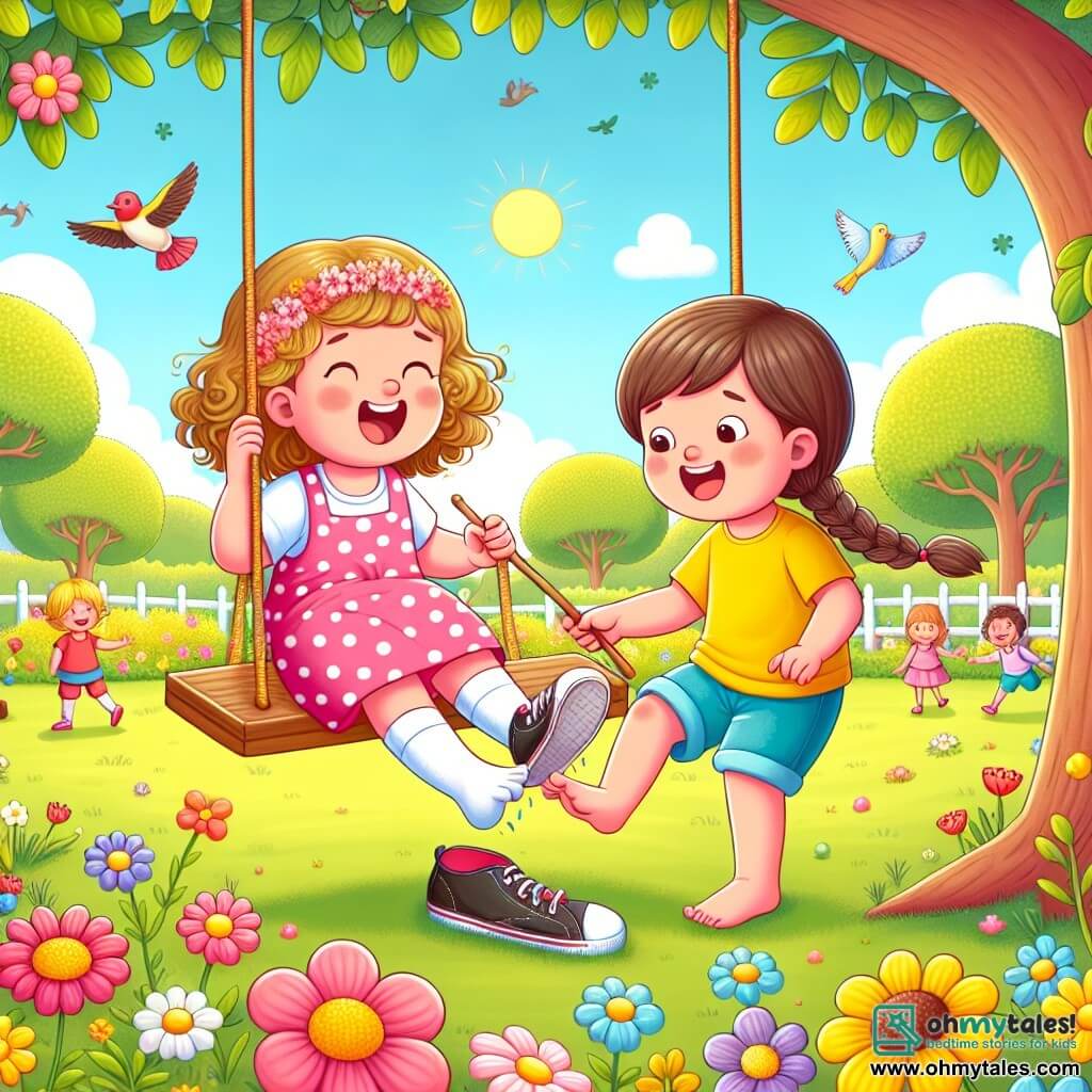 Two three-year-old girls, Lily and Mia, are at the center of the image. Lily, with curly hair and a pink polka dot dress, is sitting on a swing, laughing heartily. Next to her, Mia, with straight hair and a braid, is wearing a yellow t-shirt and blue shorts, joyfully jumping on the ground. The setting is a sunny park filled with colorful flowers and green trees. In the background, other children are playing and birds are flying in the blue sky. The main situation shows Mia who has lost her shoe, which landed on a tree branch. The two friends are laughing as they try to retrieve the shoe with a long stick, creating a scene full of joy and friendship.