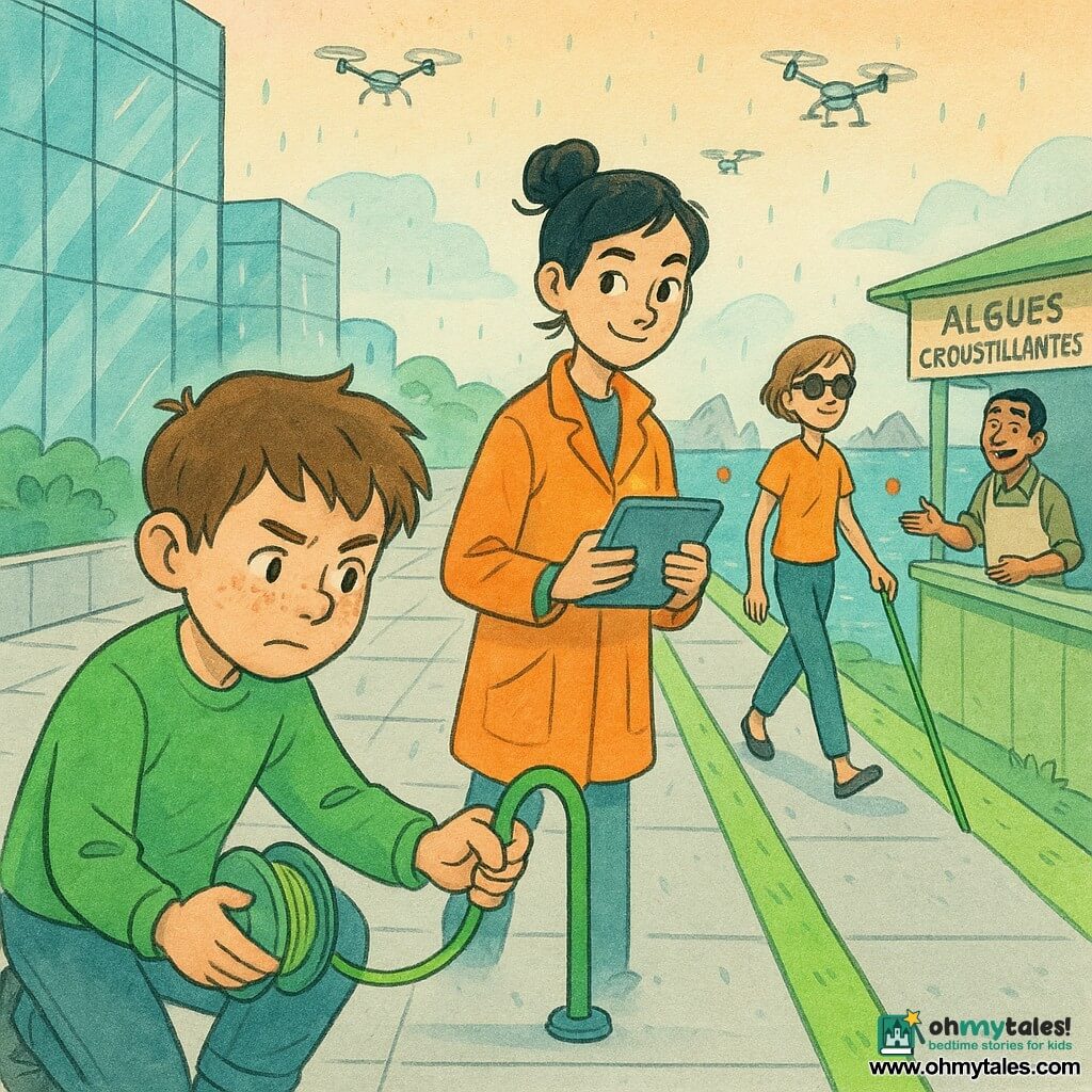 A 12-year-old boy with a round freckled face and tousled chestnut hair, focused and determined, holds a neon-green guide cord and secures a flexible post on the sidewalk; a ~15-year-old girl in an orange lab jacket with her black hair in a bun, smiling and sharp-eyed, supervises with a glowing tablet; a ~16-year-old young woman with short hair, sunglasses and a white cane walks slowly, serene and confident, testing the tactile cord; a ~40-year-old male vendor in an apron with a sun-kissed complexion stands by a crispy seaweed stall, smiling and pointing the way. The setting is a futuristic coastal promenade with wide pale-gray paving, scooter rails separated by a green strip, glass-fronted buildings reflecting azure, distant silver artificial reefs, small orange sensor buoys on calm water and pastel sky with drones. Main scene: collective installation of a tactile guide cord and button plate by a crosswalk, cooperative, safe atmosphere, light ink-splattered rain for a weather exercise, contrasted colors—neon greens, warm oranges and bluish-grays—with crisp ink lines and soft color washes.