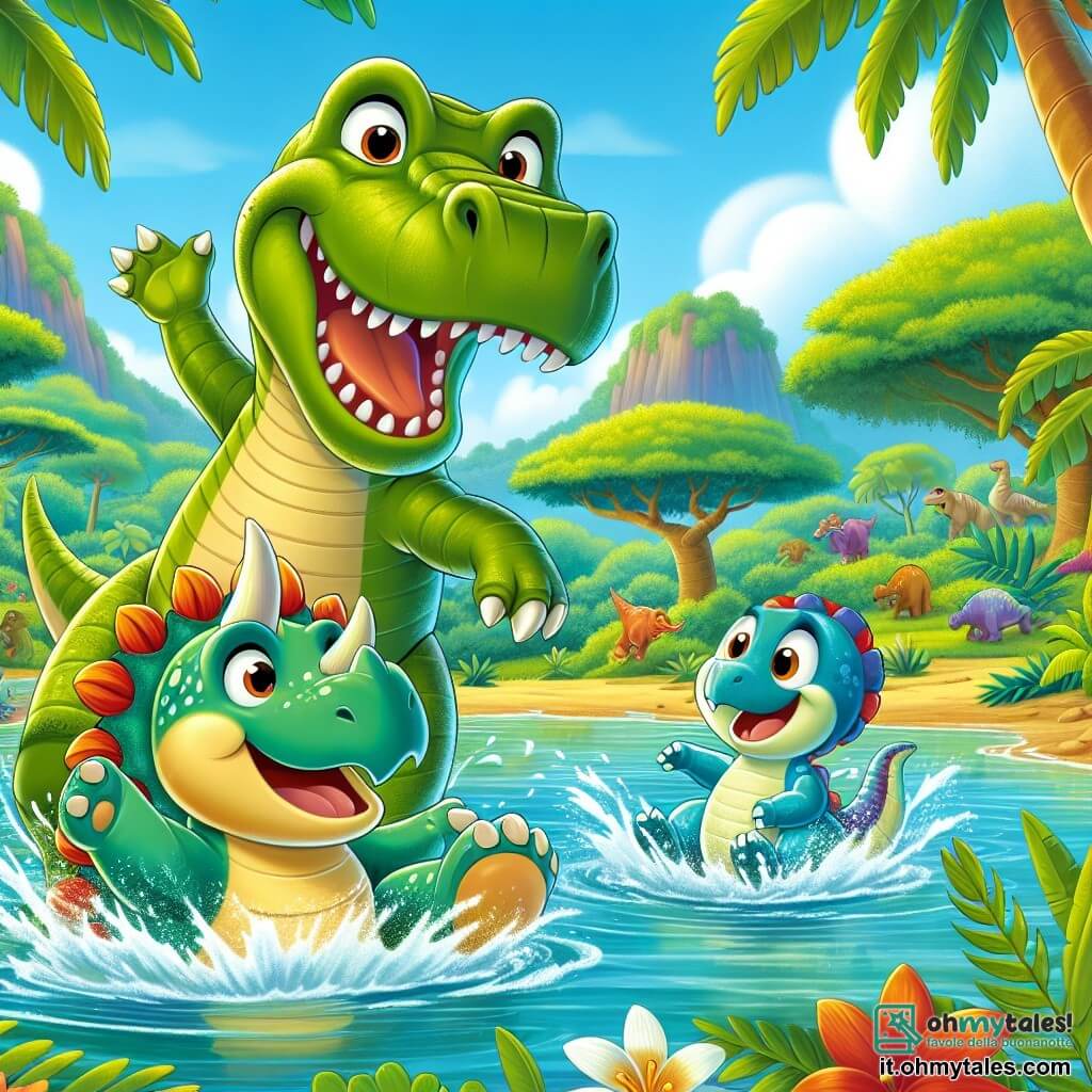 Un grande Tyrannosaurus Rex di nome Tino, con pelle verde e squame brillanti, mostra un ampio sorriso, con le piccole braccia sollevate mentre schizza gioiosamente in un lago. Accanto a lui, la sua migliore amica, una piccola triceratopo di nome Tina, con tre corna colorate e un viso amichevole, salta in acqua ridendo, con le zampe anteriori in alto. Un velociraptor di nome Dino, con piumaggio blu vivo e occhi scintillanti, si trova sulla riva, pronto a tuffarsi, con un'espressione eccitata sul volto. Il paesaggio è una giungla lussureggiante, piena di alberi giganti con foglie verdi, fiori brillanti e un cielo soleggiato, creando un'atmosfera gioiosa e vivace. La scena mostra Tino, Tina e Dino mentre giocano insieme, schizzando acqua e ridendo, illustrando una bella giornata di amicizia e avventura.