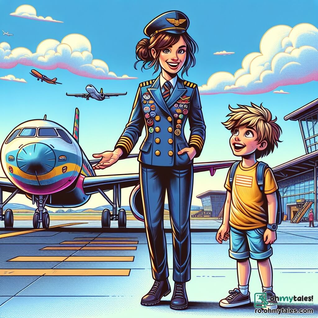 O pilotă, Maria, este în centrul imaginii, zâmbitoare și plină de entuziasm, cu părul brun prins în coc și purtând o combinație de pilot de culoare albastru închis, împodobită cu insigne colorate. Ea stă lângă avionul său, un aparat mare cu culori vii, pregătit de decolare, cu nori albi pufoși în fundal. Lângă ea, un băiat de 10 ani pe nume Andrei, cu părul blond zburlit și ochelari rotunzi, privește cu uimire avionul, având ochii strălucind de curiozitate. El poartă un tricou galben și o pereche de pantaloni scurți, ținând în mâini un mic model de avion. Locul scenei este un aeroport animat, cu o pistă de aterizare vizibilă și hangare în fundal, unde alte avioane sunt parcate. Cerul este de un albastru strălucitor, presărat cu câteva nori, iar soarele strălucește, creând o atmosferă veselă și dinamică. Situația principală o arată pe Maria explicându-i lui Andrei cum funcționează avionul, cu gesturi entuziaste, în timp ce Andrei, captiv, ascultă atent, visând să devină pilot într-o zi.