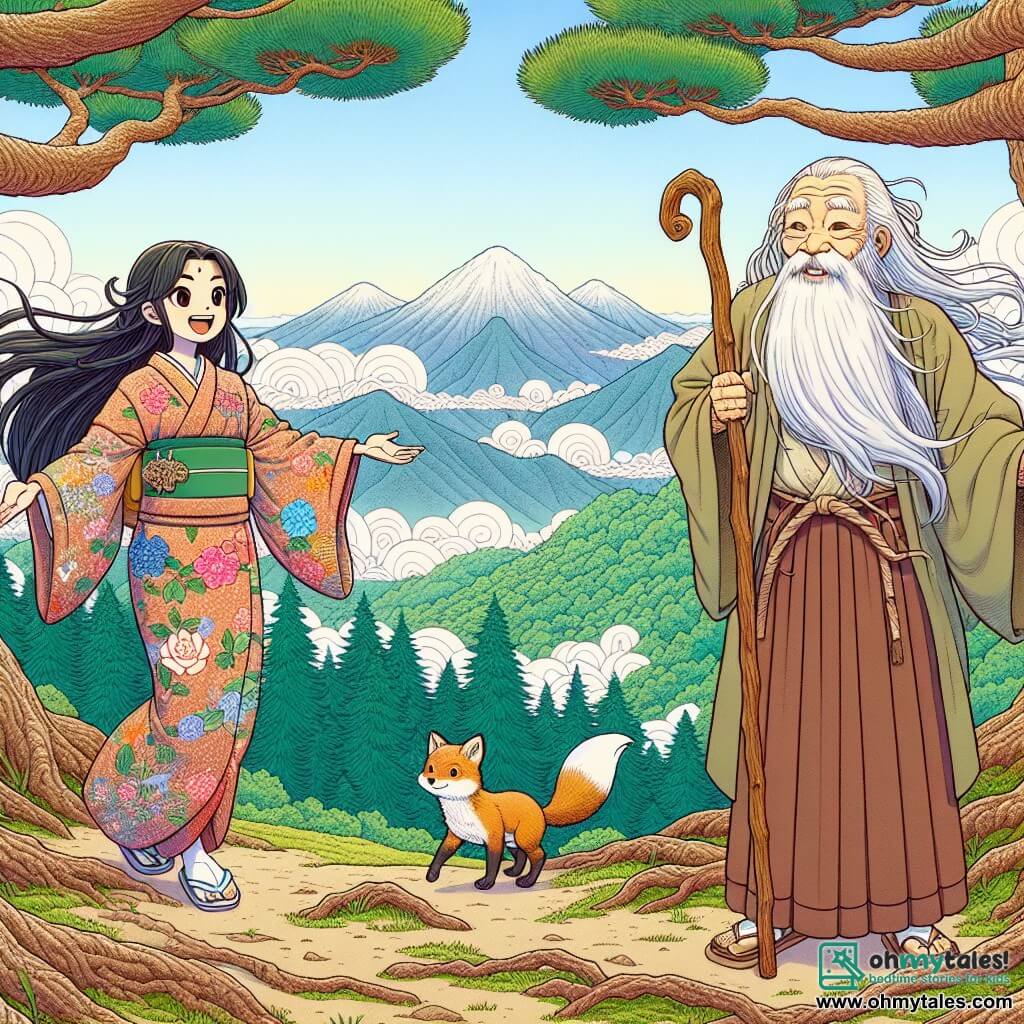 At the top of a sacred mountain in Japan, a young woman named Hana, about 20 years old, stands with her arms open, a radiant smile illuminating her face. Her long black hair gently floats in the wind, and she wears a colorful kimono adorned with floral and cloud patterns, symbolizing the beauty of nature. Her eyes shine with wonder and wisdom as she attentively listens to the whispers of the pines. Beside her, an old sage, a man around 70 years old with a long white beard and sparkling eyes, stands slightly bent. He wears a simple, worn kimono and observes Hana with pride, holding a carved wooden staff, a symbol of his experience. In the background, a clever little fox named Kitsu, with mischievous eyes and golden fur, sneaks between the tree roots, ready to share its secrets with Hana. The breathtaking landscape features majestic pines with outstretched branches, a clear blue sky dotted with fluffy white clouds, and lush valleys stretching as far as the eye can see, creating a magical and peaceful atmosphere. The main scene shows Hana listening to the whispers of the pines with her arms open, receiving wisdom from nature, while the sage and the fox watch her with admiration, symbolizing the harmony between man and nature.