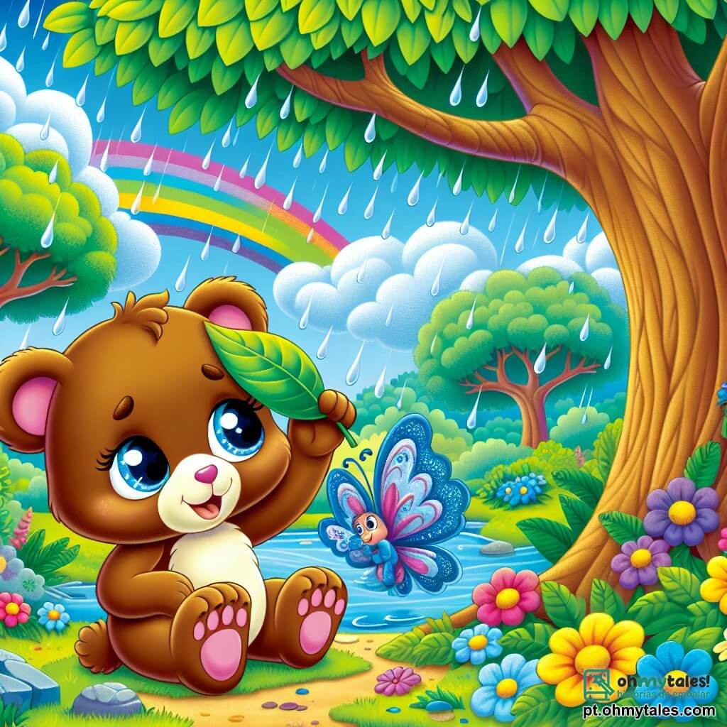 Uma adorável ursa chamada Lili, com pelagem marrom suave e olhos brilhantes de curiosidade, está sob uma grande árvore, seu rosto expressando tanto excitação quanto um leve tremor de medo. Ao seu lado, uma magnífica borboleta azul chamada Bela, com asas cintilantes, voa alegremente ao seu redor, trazendo um toque de magia à cena. A floresta de Colorilândia é vibrante de cores, com árvores majestosas de folhas verdes brilhantes, flores multicoloridas espalhadas pelo chão e um céu azul claro salpicado de nuvens brancas. Nesta ilustração, Lili e Bela se refugiam sob a árvore, enquanto uma tempestade se aproxima, com gotas de chuva começando a cair ao redor delas. Lili, segurando uma folha acima da cabeça, olha para o céu com uma expressão de preocupação, enquanto Bela, cheia de coragem, a incentiva a permanecer forte.