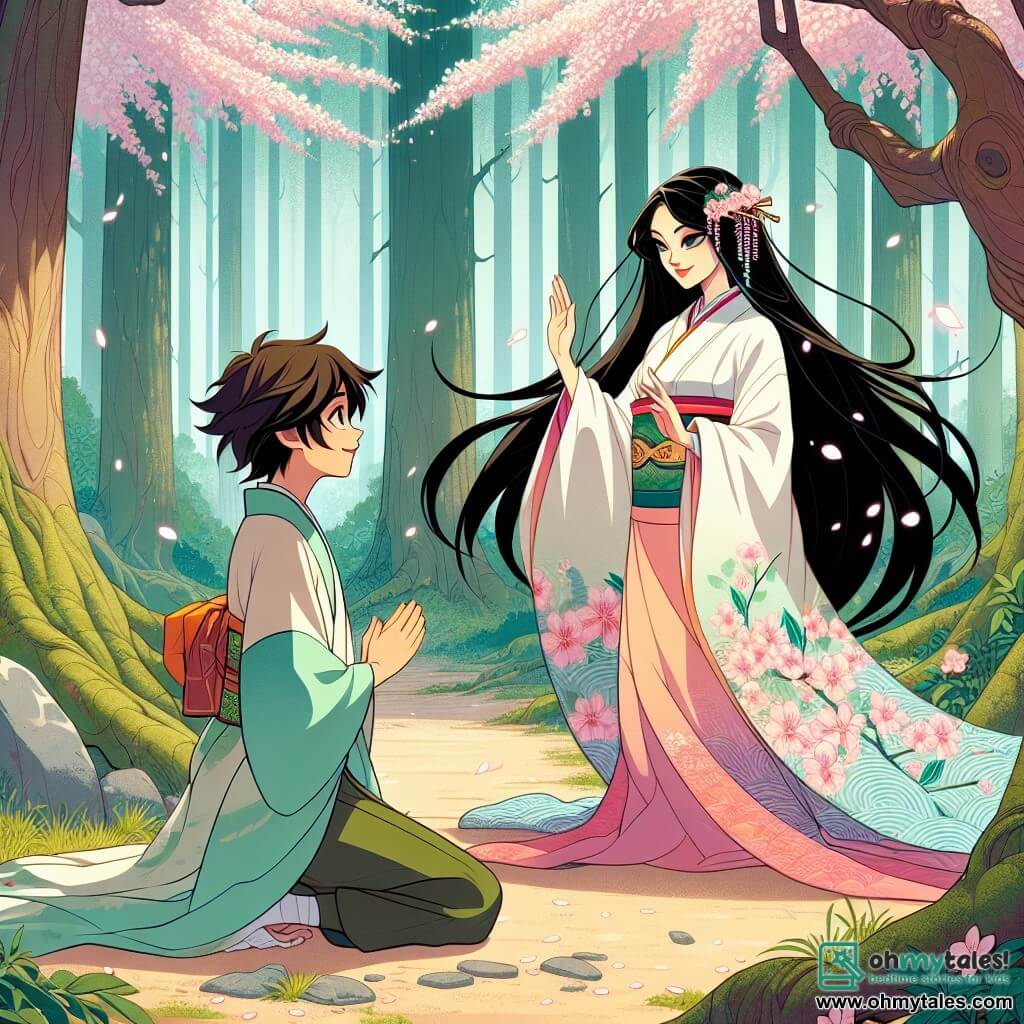 Aiko, a beautiful spirit woman dressed in a flowing pastel kimono, stands in an enchanted forest, her face radiating softness and wisdom. Her long black hair floats in the wind, adorned with delicate cherry blossoms, as she warmly smiles at a young boy. Haru, a ten-year-old boy with messy brown hair and sparkling eyes full of enthusiasm, sits on a rock beside Aiko. He wears a simple yet colorful kimono, his hands raised as if about to speak, showing an expression of determination mixed with slight nervousness. The scene takes place in a lush forest, where majestic trees with vibrant green leaves surround a dirt path. Cherry blossom petals gently fall from the sky, creating a pink carpet on the ground, while sunlight filters through the branches, illuminating the characters' faces. Aiko and Haru are practicing together, Aiko encouraging Haru as he prepares to share a story with the villagers during the cherry blossom festival. The atmosphere is magical and full of hope, symbolizing the courage and confidence growing between them.