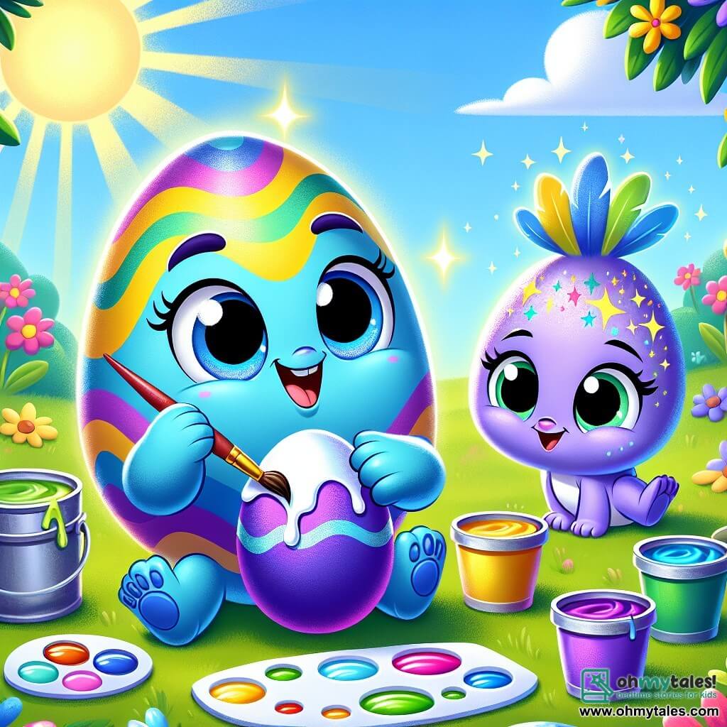 Eddie, a small blue egg with yellow and green swirls on its shell, is painting Easter eggs with a big joyful smile on his face. He holds a brush in one little paw and is surrounded by colorful paint pots. Next to him, Lila, a lavender egg with sparkling stars, watches in wonder, her eyes shining with curiosity. She holds a paint palette and seems eager to start decorating her own egg. The setting is a sunny garden filled with colorful flowers, lush trees, and a bright blue sky. Sun rays illuminate the scene, creating a joyful and festive atmosphere. The main focus shows Eddie painting a purple egg that begins to glow with magic, while Lila is about to join him to create even more colorful and magical eggs.