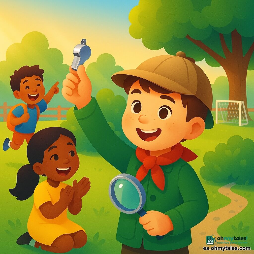 Un niño de 6 años, orgulloso, levanta con la mano derecha un pequeño silbato plateado como un tesoro; lleva pelo castaño corto, pecas, gorra de detective beige, chaqueta verde y pañuelo rojo y sostiene una lupa en la otra mano. A su izquierda, Sofía, de 6 años, sonríe y aplaude; tiene larga coleta negra, vestido amarillo y rodillas con hierba. Detrás, un amigo de 7 años salta de alegría y señala el arbusto donde se encontró el silbato. El patio es un campo de césped con un gran árbol a la derecha, arbustos bajos, un sendero de pedrizas blancas hacia el arbusto, un arco de fútbol y una valla de madera a lo lejos. Luz matinal suave con sombras alargadas y tonos vivos (verdes, amarillo, rojo, azul); composición centrada en el niño que sostiene el silbato.