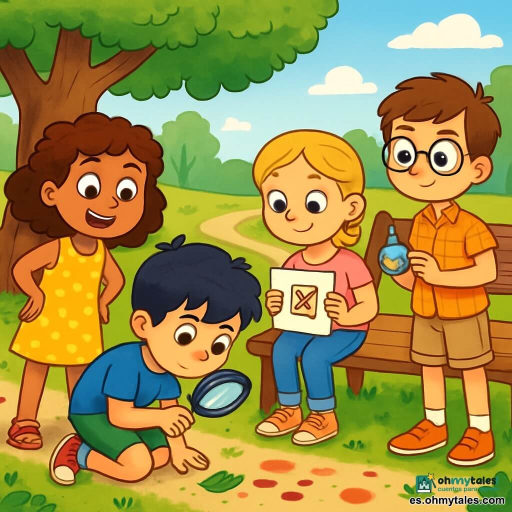 Hay 4 niños: - Lina: una niña de 7 años con cabello castaño y rizado, vestida con un vestido amarillo con lunares y sandalias rosas. Está de pie, con las manos en las caderas y una gran sonrisa curiosa. - Mateo: un niño de 7 años con cabello negro despeinado, vestido con una camiseta azul y un short verde. Está agachado, examinando el suelo con una lupa, con una expresión concentrada. - Sofía: una niña de 7 años con cabello rubio trenzado, vestida con una camiseta rosa y jeans. Está sentada en un banco, sosteniendo un dibujo, con expresión intrigada. - Tomás: un niño de 7 años con cabello castaño y gafas redondas, vestido con una camisa a cuadros y un short beige. Está de pie junto a Sofía, sosteniendo una pequeña brújula, con aire decidido. La escena tiene lugar en un parque soleado, con un gran roble en el centro, flores coloridas alrededor y un camino de grava que serpentea entre los árboles. Un viejo banco de madera es visible, rodeado de risas de niños y vecinos paseando. La situación principal muestra a los niños en plena investigación, buscando pistas para encontrar su banco desaparecido. Están examinando el suelo, observando los alrededores, con expresiones de emoción y curiosidad en sus rostros, rodeados de pequeños objetos brillantes y huellas de pintura roja en el camino.