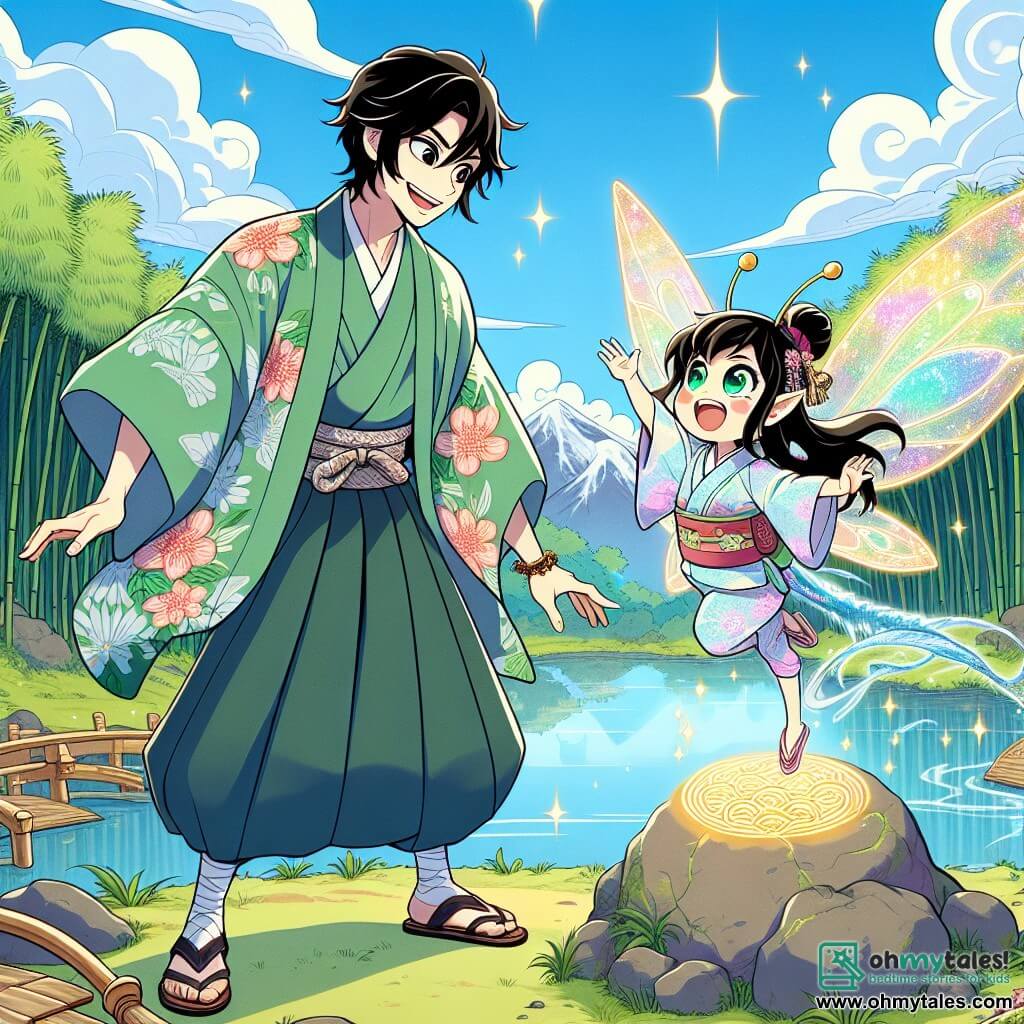 Haruki, a man in his thirties, stands atop a sacred mountain, his face lit up with a radiant smile of excitement and determination. He has slightly tousled black hair and wears a traditional kimono with colorful floral patterns that gently flows in the wind. Beside him is Yuki, a small forest spirit, a fairy-like creature with shimmering wings and sparkling mischievous eyes. She flits around him, gesturing enthusiastically, her size barely larger than a cherry blossom. The backdrop is breathtaking: a clear blue sky dotted with fluffy clouds, lush bamboo trees stretching as far as the eye can see, and a shimmering lake below reflecting the colors of the sky. The scene depicts Haruki and Yuki discovering a magical stone glowing with golden light at the center of a soft moss circle, while a majestic dragon with emerald scales watches them curiously, ready to test their worth.