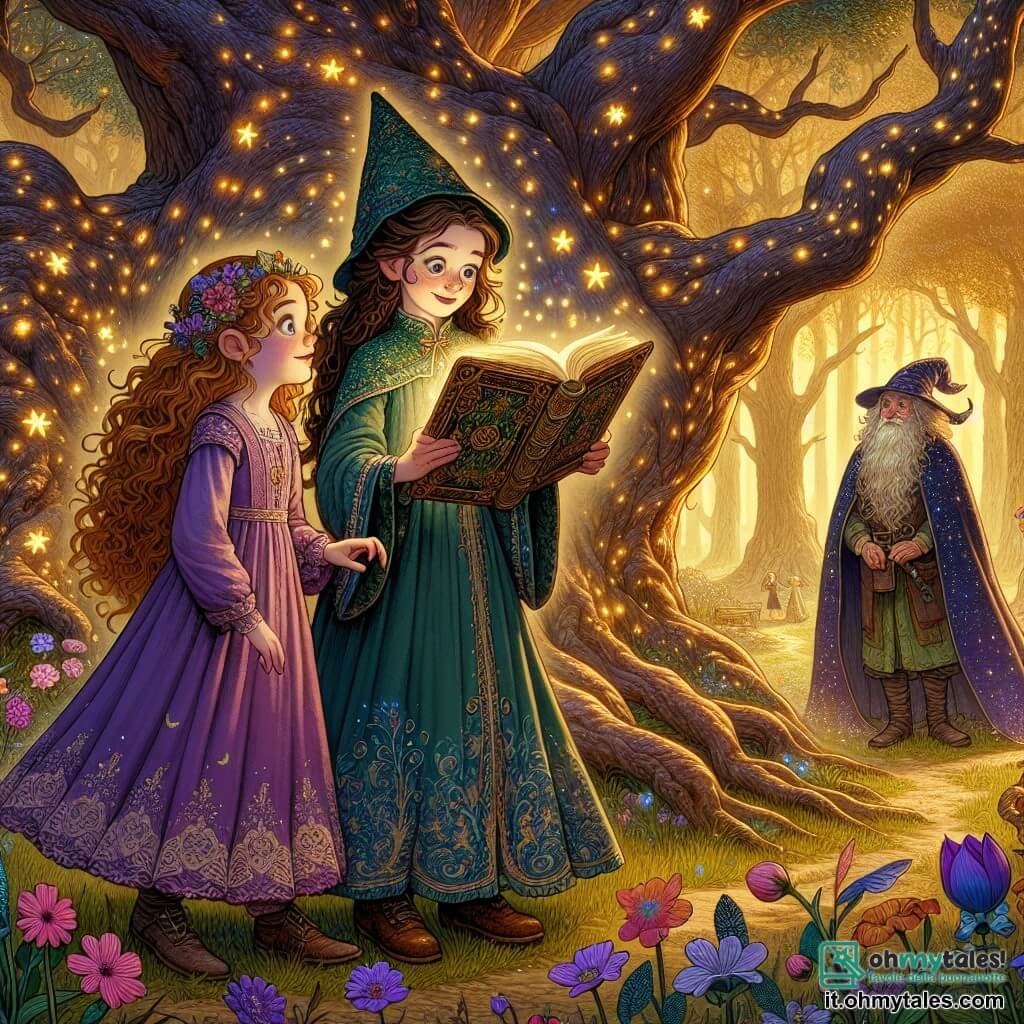 Al centro dell'immagine, una giovane apprendista strega di dieci anni di nome Rosa sorride meravigliata. Indossa un curioso cappello a punta blu e verde, e i suoi lunghi capelli castani sono intrecciati in due trecce che cadono sulle spalle. Rosa tiene un grande libro antico, il Grimorio Perduto, aperto davanti a sé, con gli occhi brillanti di curiosità ed eccitazione. Alla sua destra c'è la sua migliore amica Livia, anch'essa di dieci anni, con i capelli biondi e ricci, che indossa un vestito da strega viola. Guarda il libro con ammirazione, le mani sui fianchi, mostrando un'espressione di gioia contagiosa. Sullo sfondo, un misterioso guardiano anziano, con una lunga barba bianca e un mantello stellato, osserva le due ragazze con un sorriso benevolo, vicino a un grande albero dalle radici nodose, aggiungendo un tocco di mistero alla scena. Il luogo è una radura incantata, immersa in una luce dorata, circondata da alberi maestosi con foglie scintillanti. Fiori colorati e lucciole danzano nell'aria, creando un'atmosfera magica e fiabesca. La situazione principale mostra Rosa e Livia che scoprono il Grimorio Perduto, un libro antico dalle pagine illuminate, mentre il guardiano concede loro la sua approvazione, simboleggiando l'inizio della loro avventura magica.