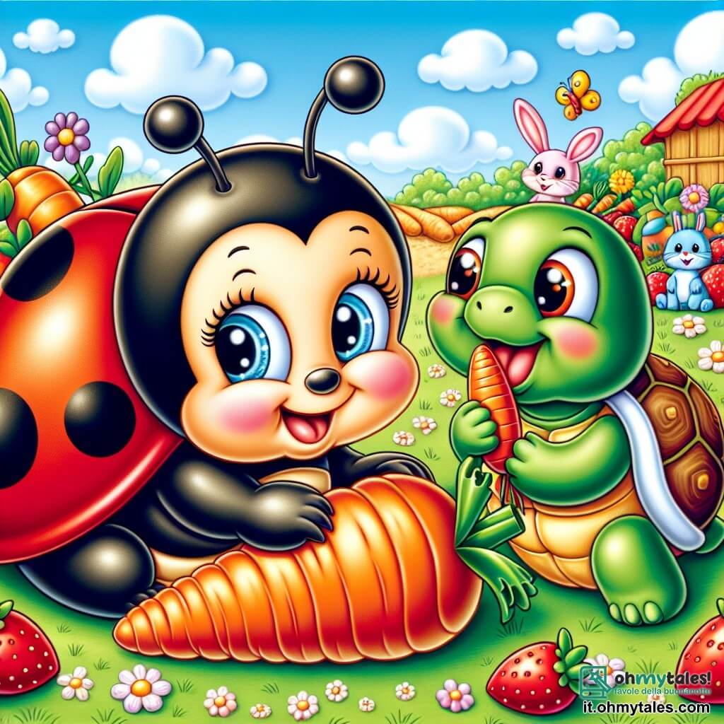 Una piccola coccinella di nome Lella, con ali rosse a pois neri lucenti, è al centro dell'immagine, mostrando un grande sorriso curioso. È appollaiata su una carota arancione brillante, con gli occhi scintillanti di eccitazione. Accanto a lei, una tartaruga di nome Tito, con un guscio verde e occhi maliziosi, sta masticando una carota, seduta sull'erba verde e morbida. Sullo sfondo, c'è una fattoria incantevole con un orto colorato, fiori vivaci e un cielo blu punteggiato di nuvole bianche e soffici. La scena mostra Lella e Tito che ridono insieme, circondati da carote, mentre altri animali della fattoria, come un coniglio e una rana, li osservano divertiti, creando un'atmosfera gioiosa e amichevole.