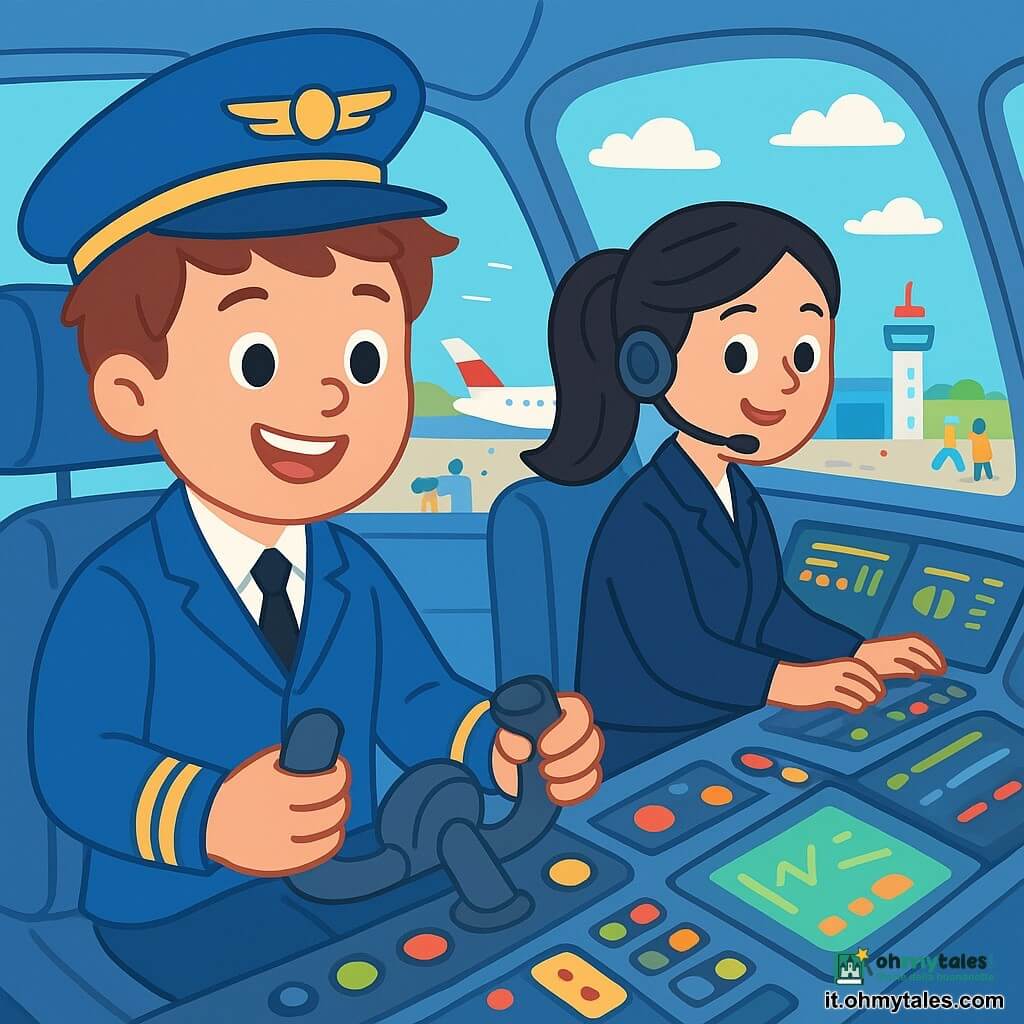 Un uomo, Luca, è seduto nel cockpit di un aereo, con un ampio sorriso sul volto, gli occhi scintillanti di gioia e concentrazione. Indossa una divisa da pilota blu con un cappellino decorato da un distintivo dorato, e i suoi capelli castani sono leggermente arruffati. Tiene il comando con sicurezza, pronto a far decollare l'aereo. Accanto a lui, Sara, una giovane donna di circa 30 anni, è seduta su un seggiolino di controllo. Ha i capelli lunghi e neri, raccolti in una coda di cavallo, e indossa una divisa da controllore di volo. Sorride a Luca, consultando schermi luminosi pieni di numeri e grafici. Il cockpit è pieno di pulsanti colorati, luci lampeggianti e grandi schermi, offrendo una vista panoramica su un cielo blu punteggiato di nuvole bianche. All'esterno, si intravede un aeroporto animato, con aerei a terra e persone in movimento. La scena principale mostra Luca e Sara in preparazione per un volo, Luca concentrato sui comandi, mentre Sara osserva gli strumenti con attenzione, creando un'atmosfera di cooperazione ed eccitazione.