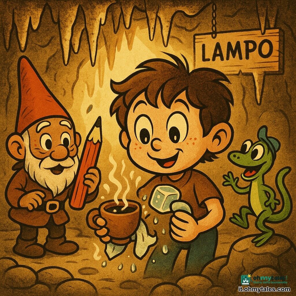 Bambino di 8 anni, entusiasta e concentrato, viso rotondo con lentiggini, capelli castani spettinati e occhi vivaci, tiene una piccola tazza fumante in una mano e un cubetto di ghiaccio argentato nell'altra; a sinistra un vecchio gnomo piccolo e barbuto con pelle rugosa e alto cappello rosso a punta sorride sorpreso tenendo una grossa matita rossa vicino a una stalattite; a destra una lucertola verde brillante chiamata Lampo, vivace con un piccolo cappello blu, salta su una pietra guardando il cubetto; grotta illuminata da luce dorata che filtra da un'apertura, stalattiti scintillanti, pareti rocciose, un grande cartello di legno appeso a una stalattite e pavimento di pietre tonde; istante in cui il bambino avvolge la tazza calda in un panno umido per mettere il cubetto senza farlo sciogliere, con vapore, gocce e piccole bolle di freddo disegnate; colori vivaci e contrastati, contorni morbidi in stile rubber hose, espressioni esagerate e gestualità dinamica.