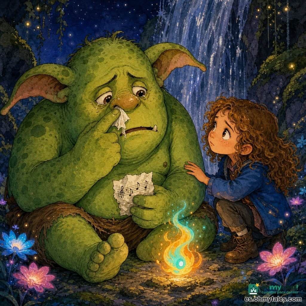 Ogro: un ogro grande y redondeado de piel verde clara con manchas más oscuras, orejas grandes en forma de paraguas, ojos redondos y brillantes llenos de tierna tristeza y labios anchos, sentado, sonándose con un dedo mientras sostiene una pequeña nota musical arrugada; Niña: Gala, de unos 8 años, cabello castaño claro rizado, chaqueta azul, mirada curiosa y compasiva, agachada junto al ogro y extendiendo la mano para consolar; Llama mágica: una pequeña flama flotante ámbar y turquesa con chispas que danza sobre las piedras y alumbra los rostros; Escenario: claro escondido tras una cascada plateada con rocas cubiertas de musgo, flores fosforescentes rosas y azules y luciérnagas; Situación: momento nocturno y tierno en primer plano donde la niña consuela al ogro mientras la lumbre guía la melodía perdida, con luces cálidas en los rostros y atmósfera suave y emotiva.