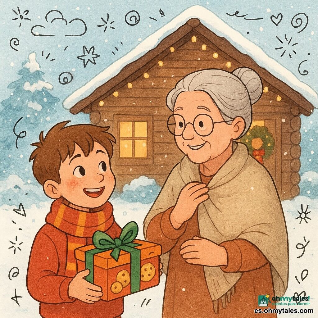 Un niño de 10 años, Hugo, con mejillas rojas y una bufanda a rayas, sonríe con asombro. Sostiene una caja de pasteles decorada con una cinta colorida. A su lado, su abuela, una mujer de unos 70 años con cabello gris y gafas redondas, sonríe cálidamente mientras ajusta su chal de lana. Están frente a una casa de madera adornada con guirnaldas luminosas y una corona de Navidad en la puerta. La nieve cae suavemente a su alrededor, cubriendo el jardín con una gruesa capa blanca. La escena principal muestra a Hugo y su abuela repartiendo pasteles a los vecinos, transmitiendo la alegría y el calor de la Navidad.
