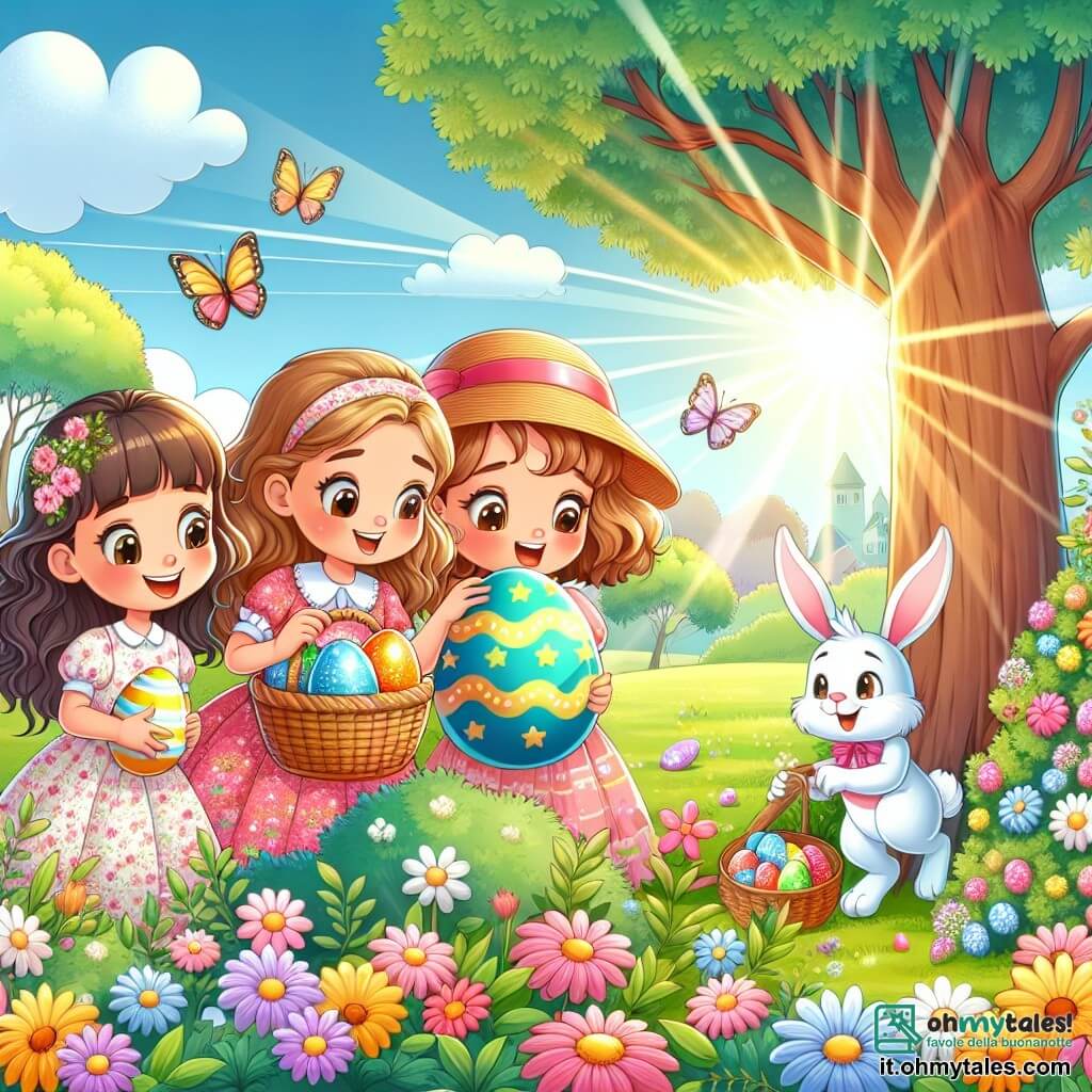 In un giardino soleggiato, tre ragazze di 8 anni stanno cercando uova di Pasqua. Sofia, con lunghi capelli castani e un vestito rosa a fiori, tiene un cesto di vimini pieno di uova colorate. Accanto a lei, Giulia, con capelli biondi e ricci, indossa un cappello di paglia e osserva un uovo giallo brillante appena trovato. Infine, Marta, con capelli castani e una treccia, è accucciata vicino a un grande albero, scoprendo un uovo blu decorato con stelle dorate. Il giardino è un vero paradiso primaverile, pieno di fiori multicolori e alberi verdi, con raggi di sole che filtrano tra le foglie. Le ragazze, entusiaste, cercano uova nascoste ridendo e incoraggiandosi a vicenda, mentre un piccolo coniglio bianco in costume, il Coniglio di Pasqua, le osserva sorridendo, pronto ad aiutarle.