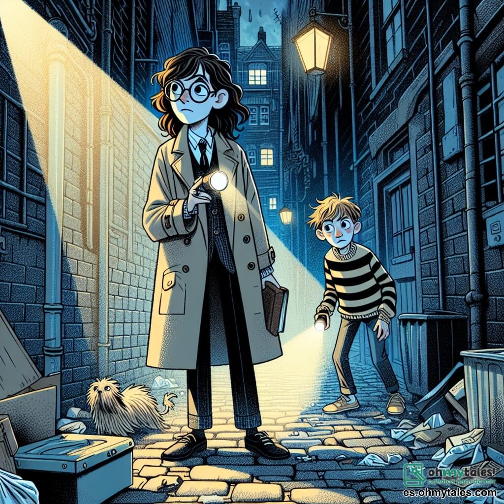 En una oscura y misteriosa callejón, una joven de doce años, Elena, se encuentra en el centro de la imagen. Tiene largos cabellos castaños, gafas redondas y lleva un trench beige que le da un aire de detective. Su rostro expresa intensa curiosidad y ligera preocupación, mientras sostiene una pequeña linterna en una mano y un cuaderno en la otra, lista para anotar sus observaciones. A su lado, su amigo Lucas, un chico de doce años con cabello rubio desordenado y una camiseta a rayas, mira a su alrededor con una expresión de emoción mezclada con aprensión. Se inclina levemente para examinar una caja de cartón cerca de los cubos de basura. El callejón es estrecho, bordeado de muros de ladrillo oscuro y faroles titilantes que proyectan sombras inquietantes. Hay basura esparcida por el suelo y una ligera bruma parece flotar en el aire, añadiendo una atmósfera intrigante a la escena. Elena y Lucas están investigando un misterioso ruido que escucharon la noche anterior, buscando pistas sobre un robo que ocurrió en el barrio. Están listos para descubrir la verdad, rodeados por la oscuridad del callejón.