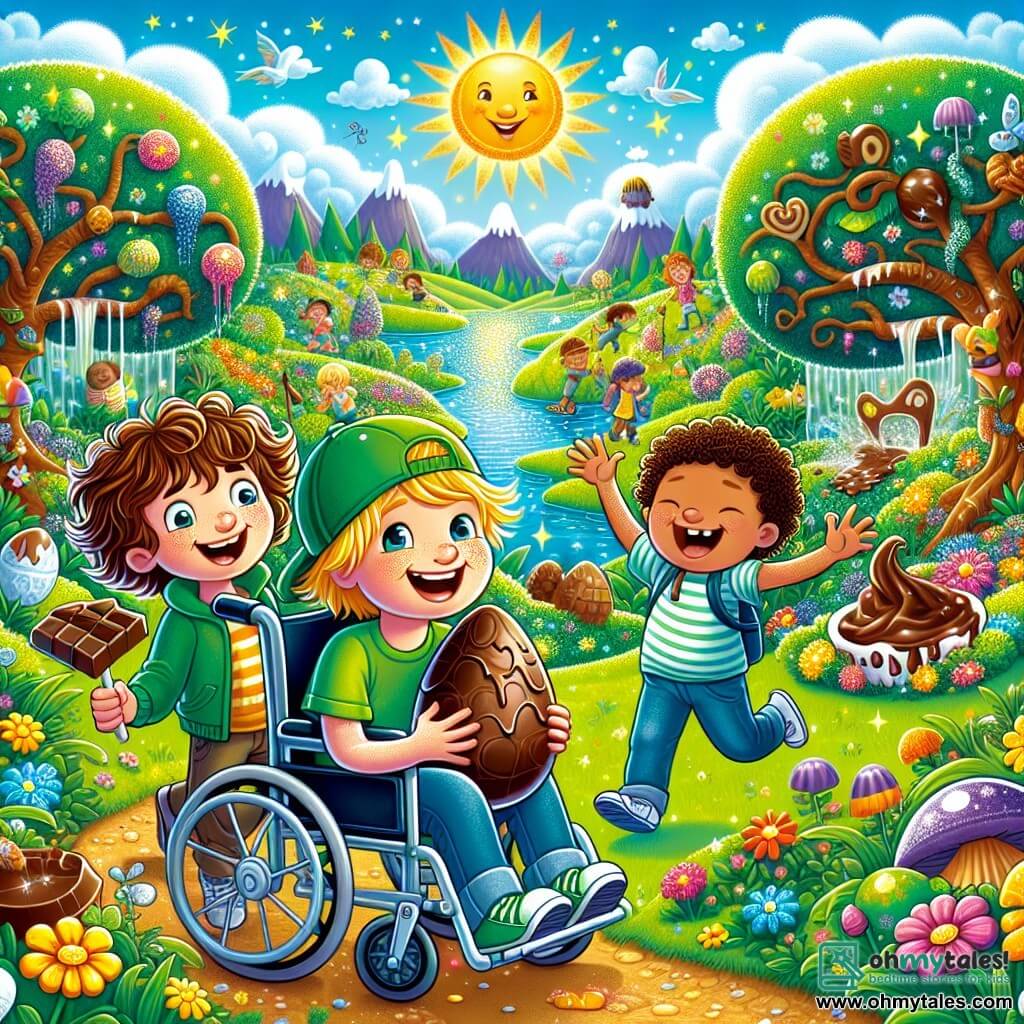 In an enchanted garden, three friends stand at the center of the scene. Max, a nine-year-old boy with a green cap and messy brown hair, smiles enthusiastically while holding a chocolate egg in his hand. To his right, Leo, a nine-year-old boy with curly blonde hair, dances joyfully with a melting chocolate bar in his other hand. On the left, Jason, a nine-year-old boy with short brown hair, sits in his wheelchair, laughing and holding a colorful skateboard that shines in the sun. The garden is filled with vibrant flowers of all colors, majestic trees with shimmering leaves, and a clear blue sky dotted with fluffy clouds. In the distance, a chocolate river winds through the landscape, adding a touch of magic to the setting. The three friends celebrate their discovery of a magical golden egg, surrounded by laughter and joy, ready to embark on an unforgettable adventure in this fairy-tale place.