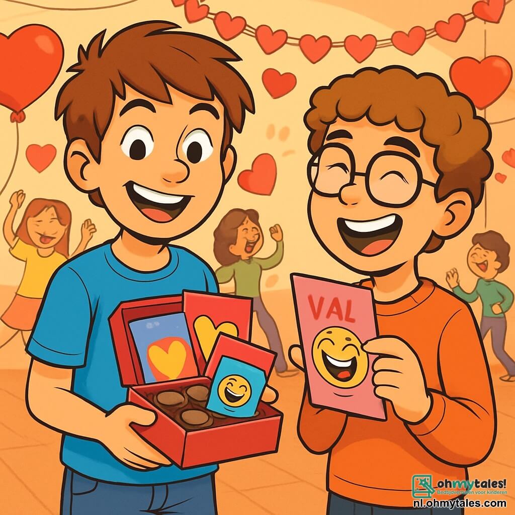 Een 12-jarig jongen, Timo, met rommelig kastanjebruin haar en nieuwsgierige ogen, glimlacht breed terwijl hij een klein doosje met chocolade en kleurrijke kaarten vasthoudt. Hij draagt een felblauw t-shirt en een casual spijkerbroek, en lijkt opgewonden en trots op zijn verrassing. Naast hem staat een andere 12-jarige jongen, Jonas, met krullend haar en ronde bril, die lacht terwijl hij een van de humoristische kaarten leest, met glanzende ogen van vreugde. Ze staan in een feestzaal versierd met rode ballonnen en hartvormige slingers, waar andere kinderen dansen en plezier maken op de achtergrond. De scène straalt een feestelijke en warme sfeer uit, vol met gelach en felle kleuren, terwijl Timo en Jonas een moment van vriendschap en geluk delen, omringd door de vrolijke energie van Valentijnsdag.
