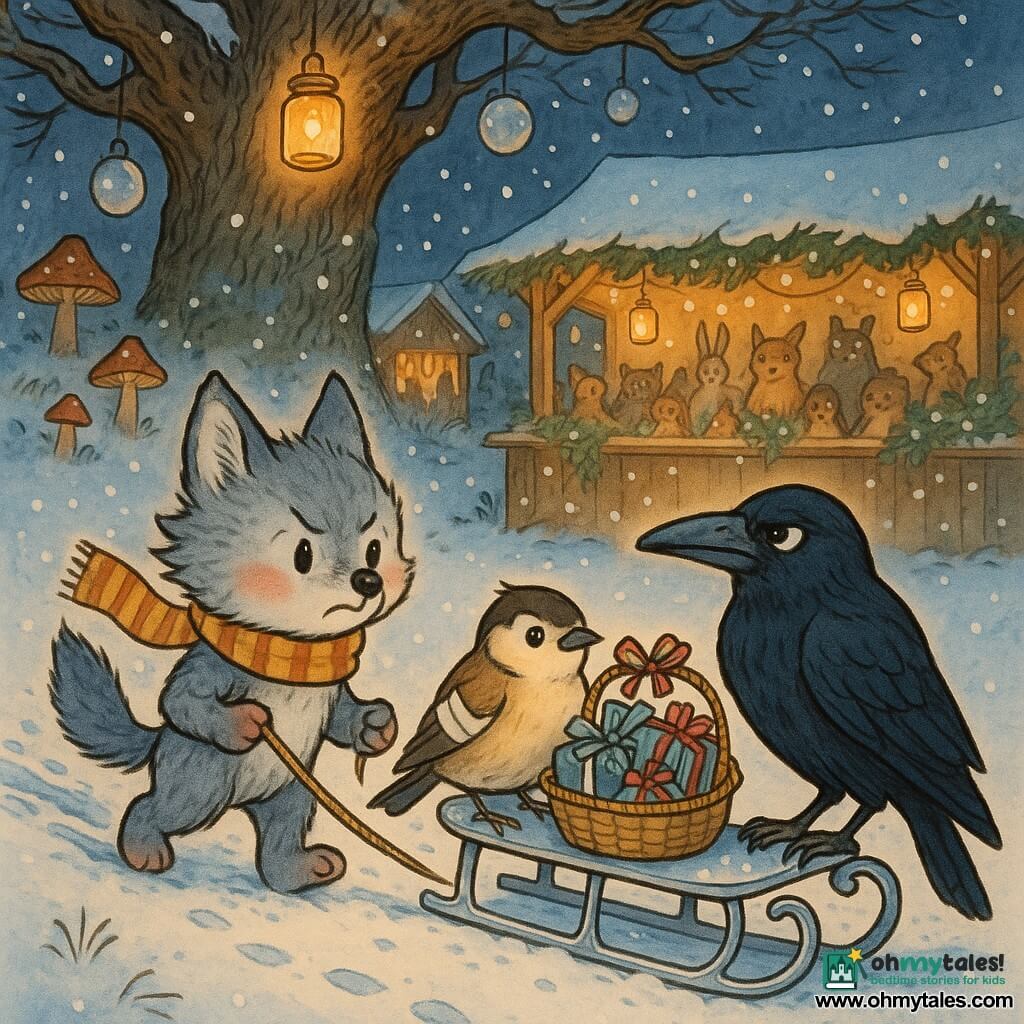 Main character: a small grey wolf named Wren with fluffy fur and pointed ears, determined expression and furrowed brows, cheeks pink from cold, pulling a shiny silver sled by a rope, wearing a striped scarf, standing proud and willing; secondary: Starling, a small brown-and-beige tit with slightly folded wings and a bandaged wing, grateful eyes, seated center on the sled holding a basket of frozen packages tied with ribbons; secondary: a large black crow with glossy feathers, grumpy but watchful, perched at the front of the sled, head tilted toward Wren; setting: a Christmas market under an old gnarled oak with jar lanterns and mushroom lanterns hanging, glittering frosted crystal ornaments, snow-covered wooden stalls, a beaten white path with small animal tracks; main situation: triumphant arrival at dusk—Wren returns the sled and parcels to the Giving Tree, golden lantern light illuminating the amazed faces of gathered animals, festive wintry atmosphere with gentle falling snow.