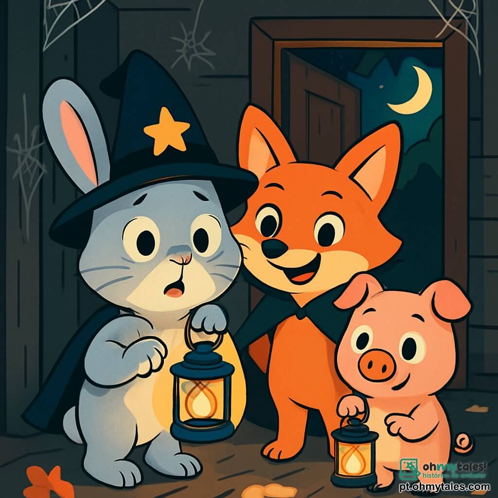 Um pequeno coelho chamado Bento, com pelagem macia e sedosa de cor cinza claro, olha com olhos arregalados e uma expressão ao mesmo tempo curiosa e levemente assustada. Ele usa um pequeno chapéu de bruxo preto adornado com uma estrela dourada e segura uma lanterna que ilumina seu rosto. Ao seu lado, uma raposa astuta chamada Teca, com pelagem ruiva brilhante e orelhas pontudas, sorri com confiança, vestida com uma capa de vampiro preta, pronta para explorar. Um leitão chamado Pingo, com a barriga rosa e olhos redondos, está um pouco afastado, segurando sua lanterna com uma expressão de excitação misturada a um pouco de apreensão. A cena ocorre dentro de uma velha casa de madeira, com paredes cobertas de teias de aranha e janelas quebradas que deixam passar a luz da lua, criando uma atmosfera misteriosa e levemente inquietante. Os três amigos estão diante de uma porta entreaberta, prontos para entrar no corredor escuro, onde sombras dançam nas paredes, enquanto uma brisa faz as folhas secas no chão tremularem.