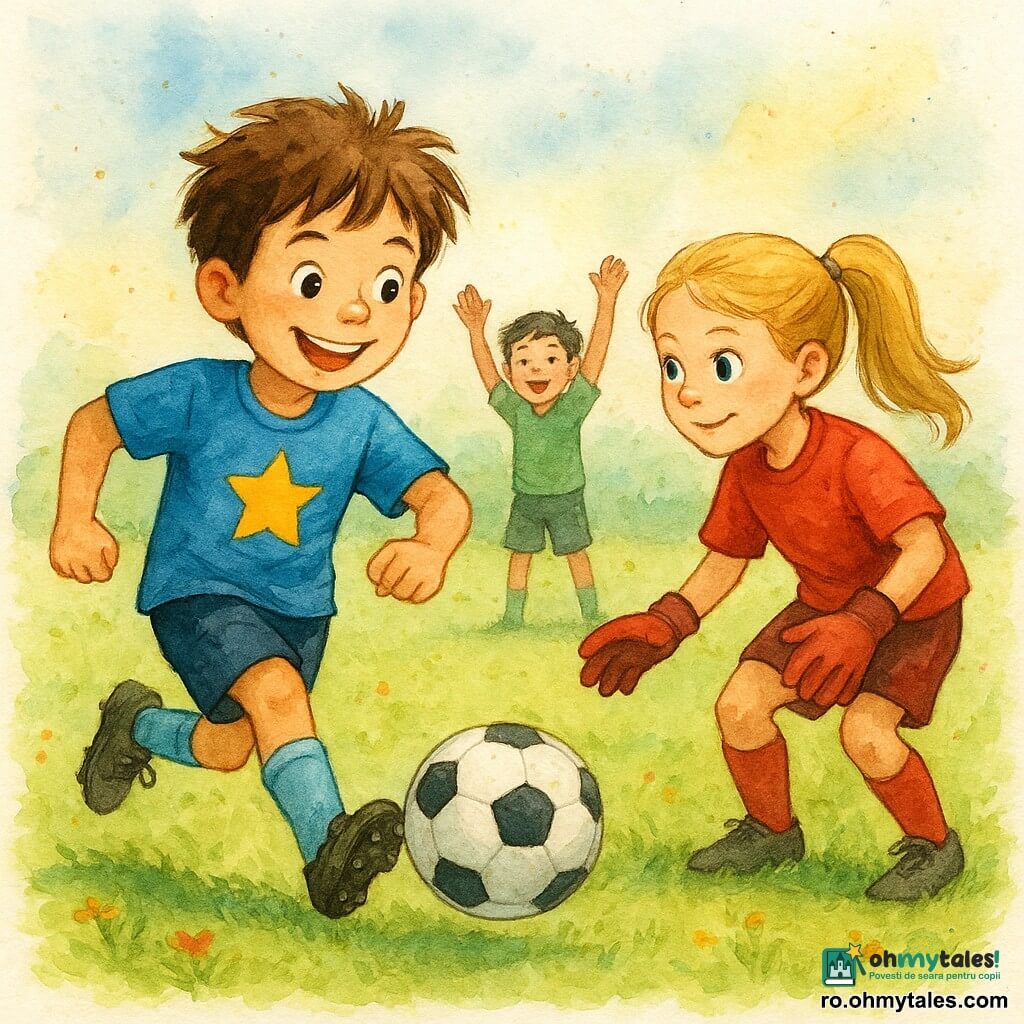 Un băiat pe nume Andrei, de aproximativ 10 ani, cu părul brun ciufulit și ochi strălucitori, afișează un zâmbet radiant. Poartă un tricou de fotbal albastru cu o stea galbenă pe piept și lovește mingea de fotbal cu determinare. Lângă el, o fată pe nume Mara, de asemenea de aproximativ 10 ani, cu părul blond prins în coadă de cal, este pregătită să prindă mingea. Ea poartă un tricou roșu și mănuși de portar. În fundal, un băiat pe nume Radu, de aceeași vârstă, cu păr negru scurt, ridică brațele în aer pentru a-l încuraja pe Andrei. Terenul de fotbal este verde, presărat cu flori mici și colorate, și scăldat într-o lumină matinală blândă. Acțiunea principală îl arată pe Andrei pasând mingea către Mara, ilustrând spiritul de echipă și bucuria jocului.