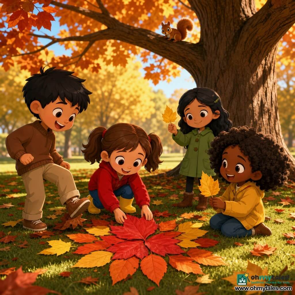 Four children—Mia, about 6, brown hair in pigtails, red jacket and yellow boots, sitting center placing a large red leaf on the grass; Sam, about 7, short black hair, brown sweater and khaki pants, standing left, pressing a brown leaf with his foot and laughing; Noor, about 6, dark curly hair, yellow coat, sitting right holding a yellow leaf and smiling; Lina, about 6, loose black hair, small green coat, slightly behind right, shy but smiling, showing a shiny yellow leaf—are in an autumn park under a large textured-branched tree with a carpet of red, orange and yellow leaves and green grass, bathed in soft low sunlight. They sit in a circle assembling their leaves into a large colorful sun; the mood is warm, leaves glint lightly, bits of leaf dust float, and a small squirrel on a branch watches.