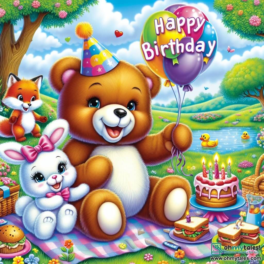 A smiling teddy bear with soft brown fur and sparkling eyes is sitting on a colorful picnic blanket, surrounded by delicious sandwiches and cupcakes. It expresses great joy, raising its arms in celebration of its birthday. Next to it, a small white bunny with big ears and a pink bow around its neck jumps with happiness while holding a colorful balloon. A clever fox with bright orange fur and a bushy tail dances joyfully, its eyes gleaming with mischief. The setting is a lush park filled with colorful flowers and majestic trees, under a clear blue sky with fluffy clouds. Ducks swim peacefully in a nearby sparkling pond. The main scene shows the bear celebrating its birthday with friends, surrounded by laughter and games, sharing a magical and joyful moment together.