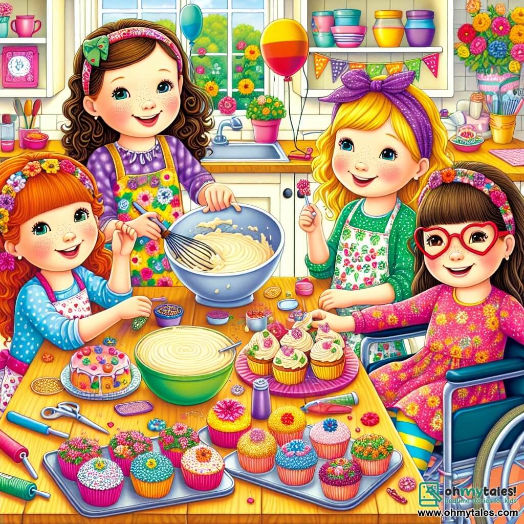 In a sunny kitchen, four girls are gathered around a large wooden table. Lily, a 10-year-old with curly brown hair and a bright smile, is at the center holding a large bowl of cake batter, wearing a colorful flowered apron. Emma, also 10, with red glasses and blonde hair in a ponytail, is to her right sprinkling glitter on cupcakes. Mia, a 10-year-old with a colorful bandana and brown hair, is on the left holding flower-shaped balloons and smiling enthusiastically. Zoe, a 10-year-old in a wheelchair, is slightly behind holding a box of edible decorations, her face beaming with joy. The kitchen is vibrant with fresh flowers on the counter, decorated cupcakes on the table, and paper garlands hanging on the walls. The girls are preparing a surprise for Mother's Day, laughing and having fun while decorating their sweet creations.
