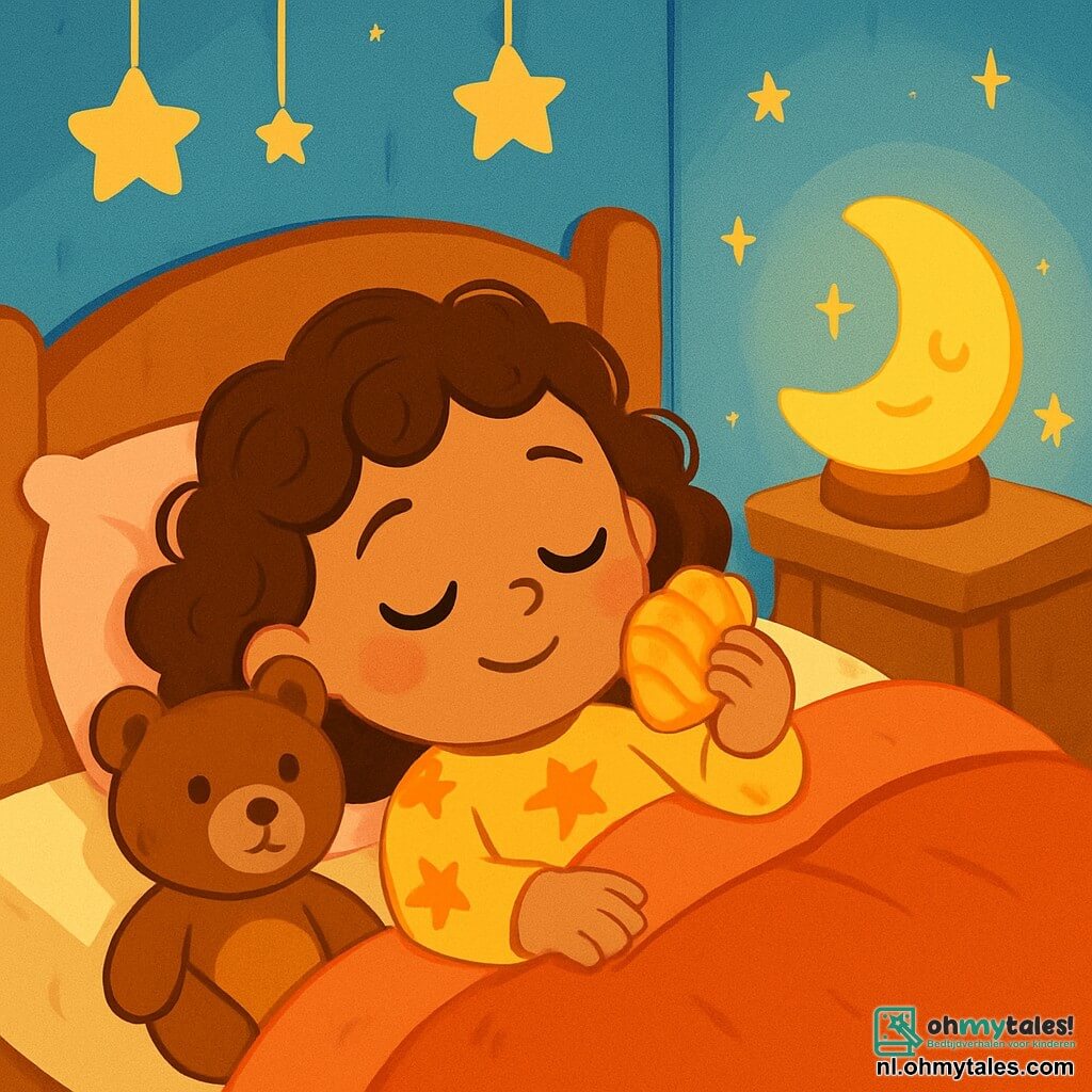 Een klein meisje van 2 jaar, met grote glanzende ogen en krullend haar, ligt in haar bed. Ze draagt een zachte pyjama met sterrenmotieven en glimlacht vredig, terwijl ze een klein schelpje in haar hand vasthoudt. Naast haar zit een teddybeer met een bruin vacht en ronde ogen op het kussen en lijkt op haar te passen.

De kamer is warm, met pastelblauwe muren en fonkelende sterren aan het plafond. Een zachte gouden gloed komt van een kleine maanlamp, die een rustige en serene sfeer creëert.

Het meisje luistert naar het gefluister van de zee dat uit het schelpje komt, terwijl haar ogen langzaam sluiten terwijl ze vredig in slaap valt. De lichten in de kamer dansen zachtjes en voegen toe aan de magische sfeer van dit slaapmoment.