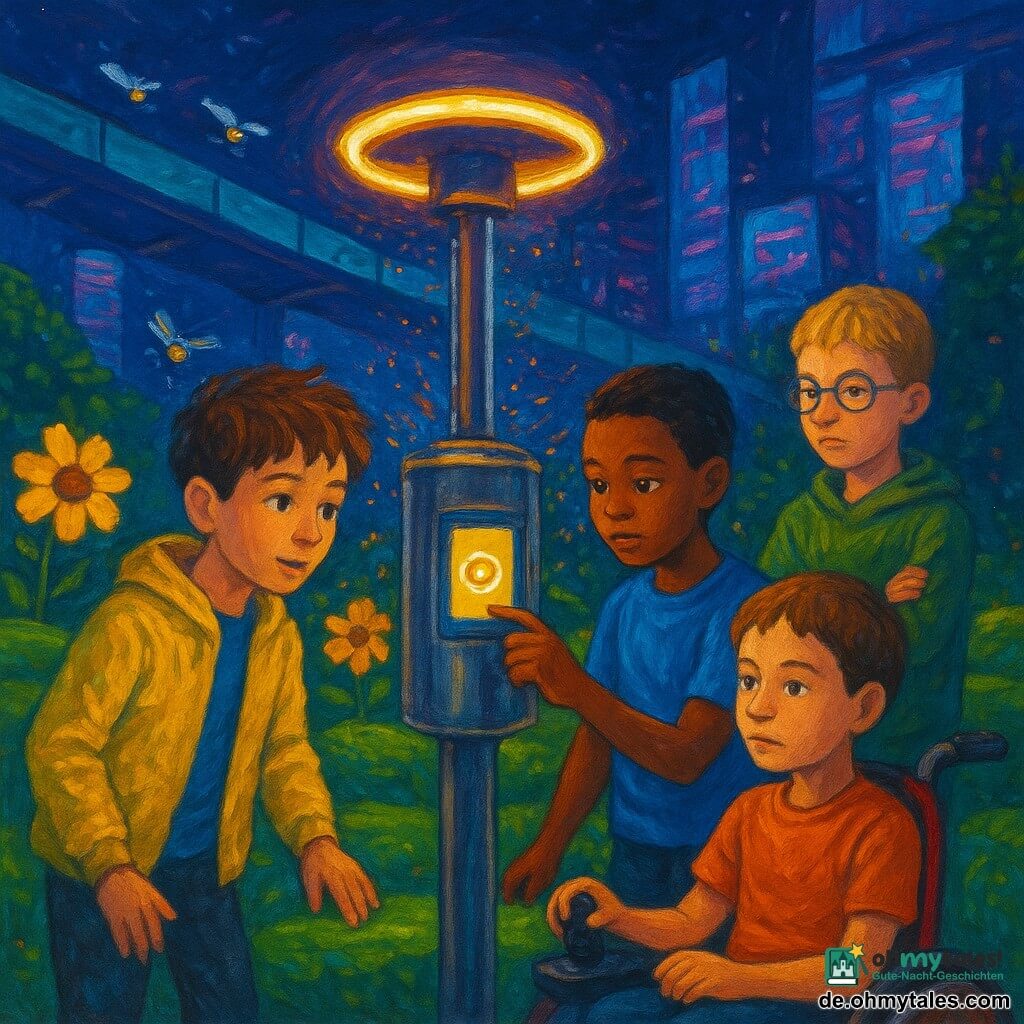 Vier Jungen, etwa 9 Jahre: Noah, braune zerzauste Haare, zitronengelbe Jacke, vorne links, neigt den Kopf und blickt neugierig zur Laterne; Sami, kurze schwarze Haare, elektrisches blaues T‑Shirt, berührt mit der rechten Hand den kleinen Bildschirm der Laterne direkt vor Noah; Ben, blond, runde Brille, olivgrüner Hoodie, leicht zurückversetzt rechts, verschränkte Arme, konzentriert; Juri, hellbraune Haare, sitzt in einem roten Design-Rollstuhl zentral vorne, Hand am Joystick. Schauplatz: mehrstufiger Stadtpark bei Nacht mit gestuften Rasenflächen, großen gelben Solarblumen, schwebenden silbernen Drohnen, Glasstegen und funkelnden Gebäuden mit blauen und rosa Hologrammen im Hintergrund. Mittelpunkt: eine hohe verchromte Laterne mit pulsierendem LED‑Ring, einfachem quadratischem Touchscreen mit Symbol (Kreis mit drei Punkten). Situation: Die Jungen umkreisen die Laterne; Sami berührt den Bildschirm, das Licht pulsiert im Morse‑Rhythmus, kleine bunte Funken in der Luft, starke Neonkontraste und sichtbare Acrylstrukturen.