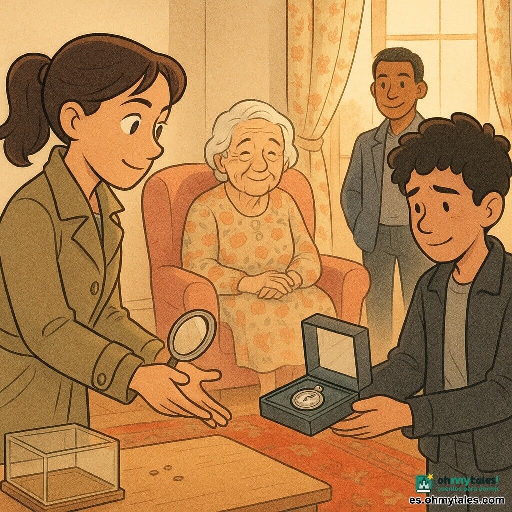 Camila, una detective de aspecto decidido y dulce, cabello castaño recogido en coleta, chaqueta caqui, sostiene una pequeña lupa plateada y extiende la mano para recibir un reloj de bolsillo brillante; la señora Rodríguez, anciana de rostro arrugado pero sonriente, con vestido de flores, sentada en un sillón rosa cerca de una mesa baja, observa emocionada; Tomás, adolescente tímido, entrega el reloj en una caja de cristal hacia Camila; Javier, colega, sonríe al fondo junto a la ventana; salón cálido con alfombra persa roja, vitrina de cristal y cortinas florales que filtran luz suave; momento de restitución, expresiones de alivio y perdón, composición centrada, colores cálidos y atmósfera tierna y reconfortante.