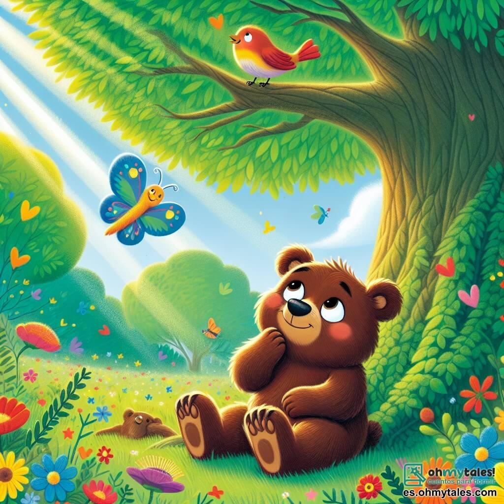Un pequeño oso marrón llamado Bruno, con grandes ojos redondos y una sonrisa curiosa, está sentado bajo un majestuoso árbol de hojas verdes brillantes, mirando el cielo con asombro. Parece pensativo, con las patas cruzadas, mientras un suave rayo de sol ilumina su pelaje. Cerca, una mariposa colorida con alas azules y amarillas flota graciosamente en el aire, sonriendo a Bruno. Un pequeño pájaro de plumas rojas y amarillas canta en una rama, con los ojos brillantes de felicidad, añadiendo música a la escena. El lugar es un bosque encantado, lleno de flores multicolores, rayos de sol filtrándose a través de las ramas y una suave brisa que hace bailar las hojas. La situación principal muestra a Bruno, mirando hacia el cielo, reflexionando sobre la felicidad, mientras la mariposa y el pájaro lo animan con sus cantos y sonrisas, creando una atmósfera mágica y alegre.