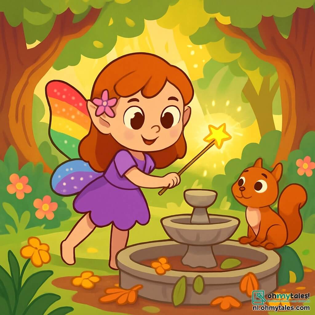 Een kleine fee, Lila, met glinsterende vleugels in de kleuren van de regenboog, staat aan de rand van een magische fontein. Ze heeft grote sprankelende ogen en een vastberaden glimlach die haar moed toont. Naast haar kijkt een nieuwsgierig eekhoorntje, met een bruin vacht en heldere ogen, bewonderend naar Lila terwijl het op een mosrijke steen zit. De plek is een betoverd Glinsterbos, vol majestueuze bomen met knoestige stammen en stralende bloemen die het gebrek aan water lijken te betreuren. Zonnestralen breken door het loof en verlichten de scène met een zachte gouden gloed. Lila probeert met haar toverstaf de slapende fontein te wekken, omringd door verwelkte bloemen en vallende bladeren, klaar om leven te geven aan haar waardevolle thuis.