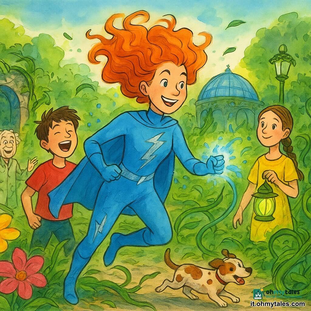 Fulmina, eroina sorridente e determinata dai capelli arancioni ricci che fluttuano come fiamme, in costume azzurro con fulmini argentati, al centro in movimento mentre lancia scintille blu che guidano liane; a sinistra Sonoro, ragazzo di circa 12 anni dai capelli castani spettinati, tiene per mano dei bambini e canta, onde sonore colorate escono dalla sua bocca; a destra Luma, ragazza di circa 11 anni dalla pelle chiara con trecce, tiene una lanterna verde che illumina pergolati e attira le piante; sullo sfondo il professor Germoglio, uomo di circa 60 anni, piccolo con capelli bianchi disordinati e camice verde sporco di terra, sorride sollevato indicando il giardino; vicino ai piedi di Fulmina il cagnolino Scodinzola, macchiato, scava e scodinzola guidando una radice; ambientazione: Giardino Botanico con vialetti lastricati, aiuole di fiori giganti rosa e gialli, liane verdi spesse, lampioni coperti di foglie, uno stagno specchio e un cupolone traslucido che scintilla come vetro liquido; scena dinamica di crescita rapida e gioiosa delle piante, liane dirette verso pergolati e aiuole, collaborazione e movimento con foglie al vento, petali che cadono, colori vivaci e contrasti d’inchiostro.