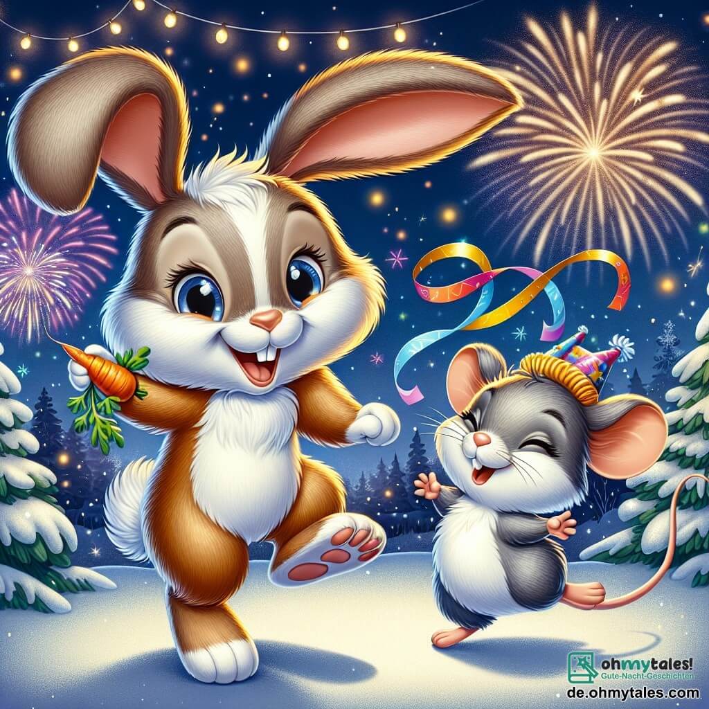 Ein fröhlicher kleiner Hase namens Hopsi mit weichem, braunem Fell, großen aufrechten Ohren und strahlenden Augen springt begeistert mitten in einer Silvesterfeier. Er trägt einen kleinen festlichen Hut und hält eine Karotte in seinen Vorderpfoten, strahlend vor Freude. Neben ihm lächelt Mimi, eine kleine graue Maus mit großen Ohren und einem dünnen Schwanz, während sie ein kleines, buntes Banner schwenkt. Sie ist voller Energie und tanzt um Hopsi herum, was zur festlichen Stimmung beiträgt. Im Hintergrund erhellt ein großer Nachthimmel mit strahlenden Feuerwerken die Szenerie. Der Boden ist mit glitzerndem Schnee bedeckt, und schneebedeckte Bäume umgeben die Szene, geschmückt mit Lichtern. Die Hauptsituation zeigt Hopsi und Mimi, die mit ihren tierischen Freunden das neue Jahr feiern, alle versammelt in einer fröhlichen Atmosphäre, lachend und sich unter den Feuerwerken, die den Himmel erleuchten, amüsiert.