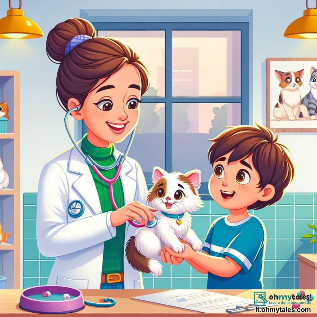 La dottoressa Giulia è una donna sorridente, con i capelli castani raccolti in uno chignon e uno stetoscopio colorato attorno al collo. Indossa un camice bianco e guarda con tenerezza un gattino bianco di nome Leo, che è rannicchiato tra le sue braccia, con i suoi grandi occhi brillanti di speranza. Accanto a lei, Tommaso, un ragazzo di circa 7 anni, ha i capelli castani arruffati e una maglietta blu. Tiene Leo con cautela, il suo viso splendente di gioia e preoccupazione, mentre ascolta attentamente la dottoressa. La scena si svolge in uno studio veterinario luminoso e accogliente, con manifesti di animali sulle pareti, giocattoli per animali sparsi e una grande finestra che lascia entrare la luce del sole. La situazione principale mostra la dottoressa Giulia mentre esamina Leo con uno stetoscopio, mentre Tommaso, pieno di speranza, accarezza dolcemente il gattino, pronto ad aiutarlo a guarire.