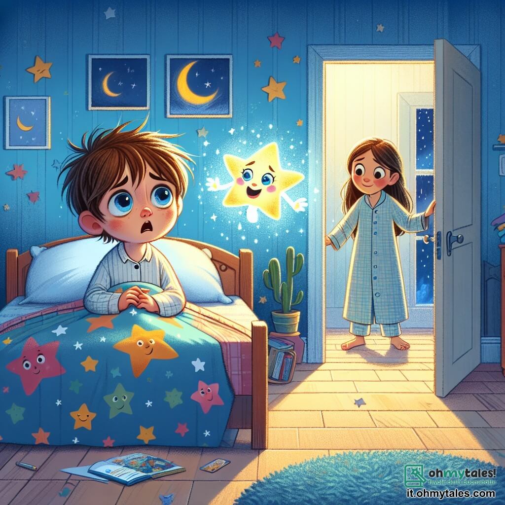 Un bambino di 2 anni, con capelli castani disordinati e grandi occhi blu, è sdraiato nel suo letto. Ha un'espressione di paura sul viso, con le mani piccole strette sulle lenzuola colorate. Accanto a lui, una piccola stella luminosa, Stella, con un sorriso radioso e ali scintillanti, fluttua nell'aria, illuminando la stanza. La mamma di Luca, una donna dolce di circa 30 anni con capelli lunghi e castani, si trova vicino alla porta, guardando il figlio con tenerezza. Indossa un pigiama comodo e ha un libro in mano, pronta a leggere una storia. La scena si svolge in una cameretta accogliente, decorata con muri dipinti di azzurro, adesivi di stelle e lune, e un piccolo tappeto morbido sul pavimento. La luce della luna filtra attraverso la finestra, creando ombre morbide sul pavimento. Luca, spaventato dal buio, incontra Stella, la piccola stella, che gli mostra che il mondo notturno può essere magico e confortante.