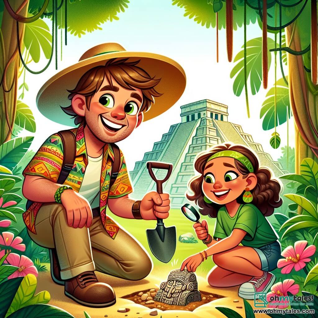 An archaeologist, Mr. Oliver, smiling and enthusiastic, wears a large straw hat and sunglasses. He has messy brown hair and a colorful patterned shirt. He is crouching, holding a small shovel in one hand and a piece of pottery decorated with Mayan patterns in the other, with sparkling eyes of joy. Next to him is Maya, a young woman about 25 years old, with curly hair and a bright smile. She wears a green t-shirt and shorts, carefully examining an ancient stone tool with a magnifying glass, showing her interest in the discoveries. The setting is a lush jungle with tall trees, colorful flowers, and hanging vines. In the background, a majestic Mayan pyramid is partially hidden by vegetation, adding a touch of mystery to the environment. The main scene shows Mr. Oliver and Maya engaged in an archaeological dig, discovering ancient artifacts under a sunny sky, surrounded by the sounds of birds and the scent of flowers, illustrating the excitement of exploration and the beauty of nature.