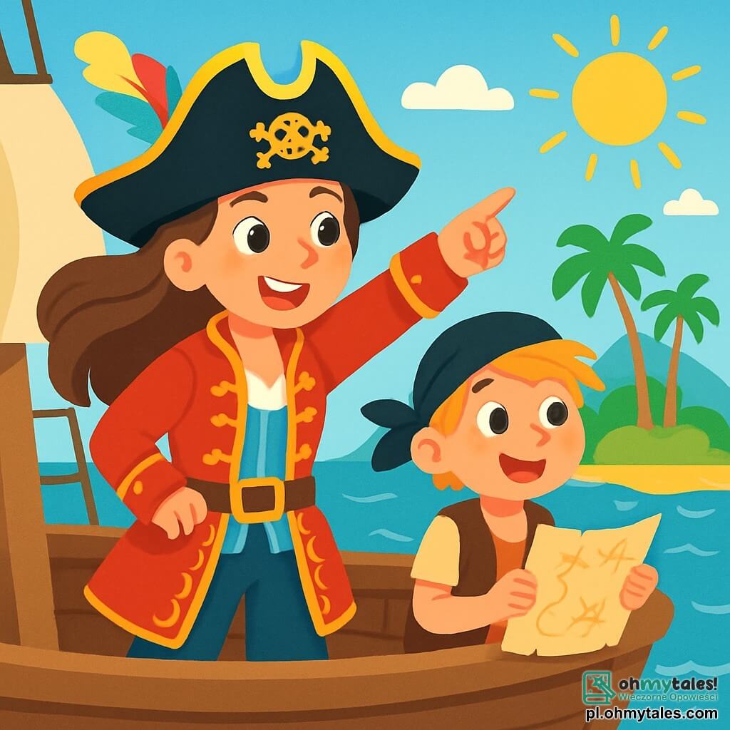 Młoda piratka, kapitan Ola, kobieta w wieku około 25 lat, dumnie stoi na pokładzie swojego statku. Ma długie brązowe włosy powiewające na wietrze, promienny uśmiech i błyszczące oczy pełne ekscytacji. Nosi kapelusz piracki ozdobiony kolorowym piórem oraz czerwoną kurtkę z złotymi haftami. Obok niej stoi młody pirat, Max, 10-letni chłopiec z rozwianymi blond włosami, który z zachwytem patrzy w horyzont. Nosi czarny bandana i skórzaną kamizelkę, trzymając mapę skarbu w rękach. Statek płynie po spokojnym morzu, a fale błyszczą w złotym słońcu. W tle rysuje się zielona wyspa z palmami i majestatycznymi górami. Scena ukazuje kapitan Olę wskazującą na wyspę, podekscytowaną możliwością odkrycia ukrytego skarbu, podczas gdy Max, z błyszczącymi oczami przygody, pochyla się do przodu, gotowy podążać za swoją kapitan w tej ekscytującej misji.