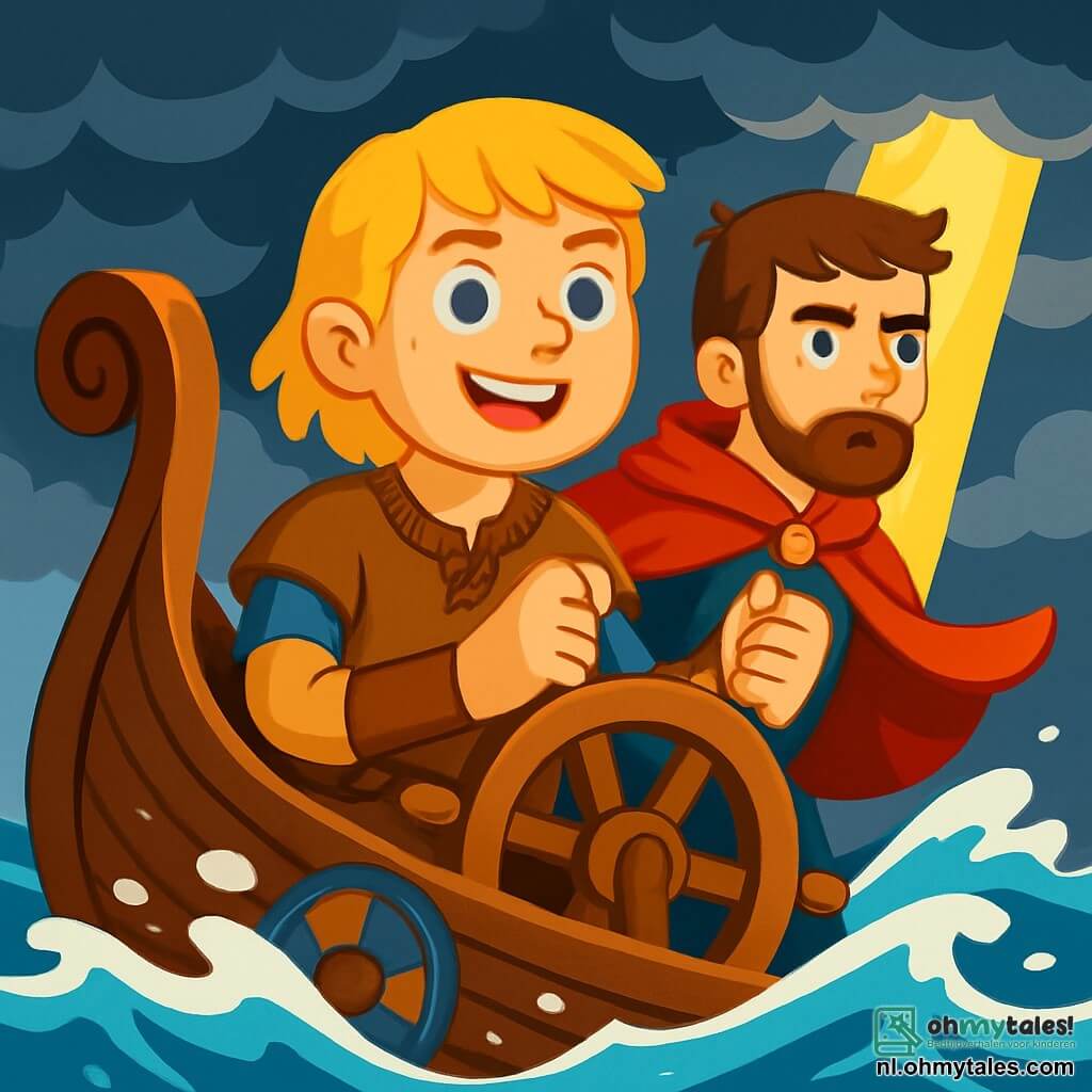 Een jonge Viking genaamd Bjorn, ongeveer 18 jaar oud, staat op het dek van zijn drakkar. Hij heeft goudblond haar, helderblauwe ogen en een brede glimlach die zijn vastberadenheid toont. Hij draagt een bruine leren tuniek met Noordse motieven en houdt stevig het roer vast, kijkend naar de horizon met een uitdrukking van moed en opwinding. Naast hem kijkt zijn vriend Leif, 17 jaar oud met kastanjebruin haar en een beginnende baard, ook vooruit. Hij draagt een rode cape die in de wind wappert en heeft een geconcentreerde blik, klaar om de storm te trotseren. De drakkar vaart op een woelige zee met hoge golven en witte schuimspatten. De lucht is donker en vol dreigende wolken, maar een sprankje hoop doorbreekt de wolken en verlicht de scène. Bjorn en Leif staan vastberaden en verenigd tegenover de storm op zee, hun gezichten verlicht door het licht van hoop, wat hun moed en vriendschap symboliseert in het aangezicht van tegenspoed.
