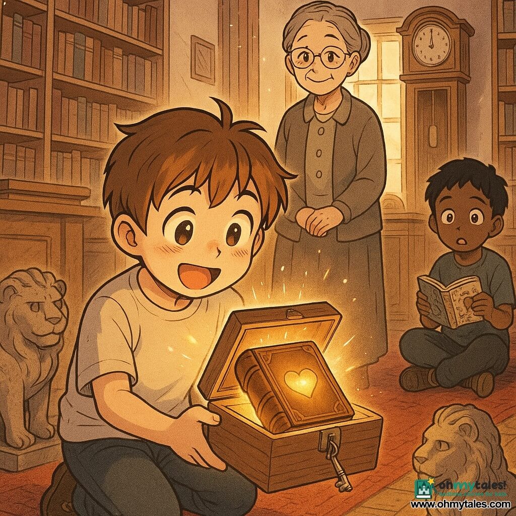 An 8-year-old boy with a round face, short light brown hair and wide curious eyes kneels by a stone lion statue, holding an open small wooden box revealing an old brown-leather book with a golden heart; a silver key recently used to unlock it sits nearby as the book emits a warm glow and dust particles sparkle in the light. Behind him stands a gentle 60-year-old librarian woman with gray hair in a bun and round glasses, smiling proudly beside a wooden desk. Another reserved ~8-year-old boy with black hair sits on a worn red rug at the back, surprised and holding a small illustrated book. The scene is a bright old library with tall oak shelves, a padded red chair, a wooden grandfather clock, a dusty lion statue near a potted plant, and a large window pouring golden light; atmosphere is soft, magical, warm-colored, wood-textured, in a childlike manga style with expressive lines and soft shadows.