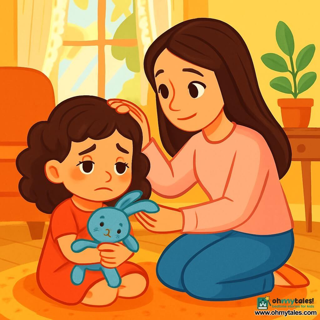 A 6-year-old girl with curly brown hair and sparkling eyes sits on a plush carpet in her living room. Her face shows a gentle melancholy, with a slight smile hiding sadness. She holds her small blue rabbit tightly against her chest, its ears crumpling under her fingers. Next to her, her mother, a woman in her thirties with long, smooth hair, crouches beside her, gently stroking her hair to comfort her. She wears a pastel sweater and has a tender, protective gaze. The room is bright, with soft yellow walls and sunlight filtering through lace curtains. A large tree outside casts dancing shadows on the floor. The scene depicts the mother and daughter sharing an intimate moment, where the mother softly explains the new family situation while the little girl listens attentively, her rabbit clutched to her, surrounded by a sense of safety and love.