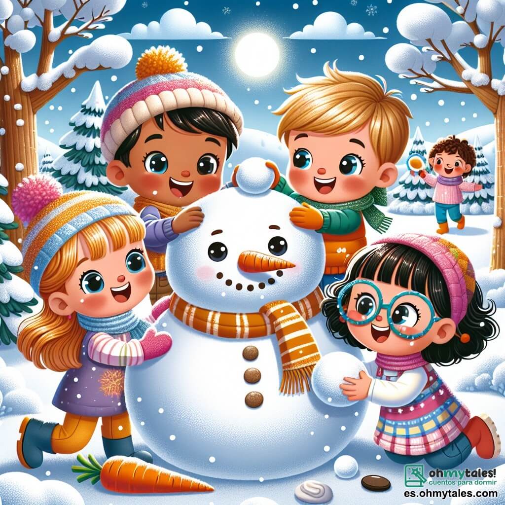 En un jardín nevado, cuatro amigos de tres años se divierten juntos. Lucas, un niño de cabello castaño y ojos brillantes, está haciendo una gran bola de nieve, riendo alegremente. A su lado, Mateo, un niño de cabello rubio y mejillas rosadas, empuja una bola más pequeña con una gran sonrisa. Sofía, una niña de cabello castaño y gafas coloridas, busca piedras para los ojos del muñeco de nieve, mientras que Elena, una niña de cabello negro y rizado, sostiene una zanahoria que está a punto de poner como nariz. El jardín está cubierto de un espeso manto de nieve brillante, con árboles cuyas ramas están cargadas de nieve y un cielo azul claro salpicado de nubes blancas. Los cuatro amigos están construyendo un muñeco de nieve al que han llamado "Nievecillo", riendo y jugando juntos, creando recuerdos felices en este paisaje invernal mágico.