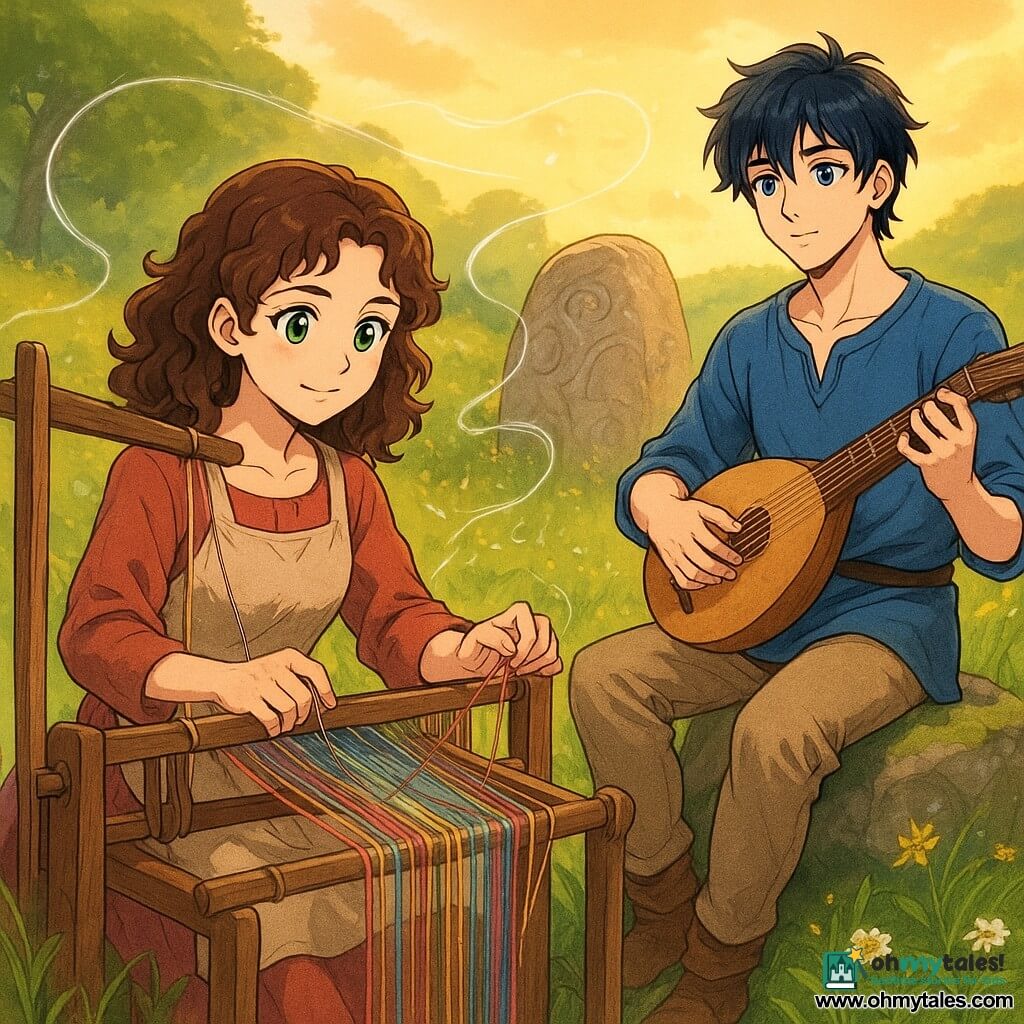 A woman named Anahid, with curly brown hair and sparkling green eyes, sits in front of a large, ancient wooden loom. She has a gentle determination on her face, her nimble fingers working colorful threads. Beside her, a young man named Miro, about 20 years old, gently plays his lute. He has tousled black hair and dreamy blue eyes, and he sits on a mossy stone, slightly set back. The setting is a lush valley bathed in golden light, with a large smooth rock engraved with ancient patterns, surrounded by wildflowers and tall swaying grasses. The main scene shows Anahid and Miro combining their talents to release the Free Wind, with silver threads floating in the air around them, creating a magical and promising atmosphere.