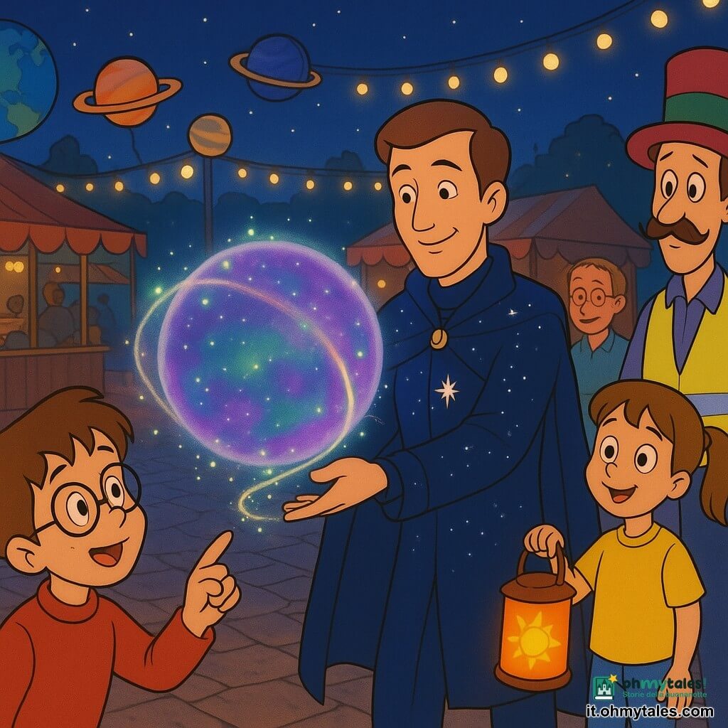 Un uomo calmo e benevolo in completo blu notte con sottili linee argentate come costellazioni e corto soprabito, con una piccola stella in un cerchio sul petto, volto dolce e sorriso concentrato, tende la mano destra creando un anello di luce scintillante attorno a una grande sfera trasparente; un ragazzo di circa 10 anni con occhiali tondi e capelli castani spettinati, seduto in primo piano a sinistra, indica la sfera dicendo «wow»; una bambina di circa 7 anni con due codine tiene una lanterna solare arancione a destra vicino a un volontario con gilet giallo; il Professor Sbuffo, uomo di mezza età, magro, con cilindro colorato e baffi finti penzolanti, sembra un po’ imbarazzato ma divertito dietro la sfera con un piccolo proiettore di nebulose; la scena è una grande piazza lastricata di notte con bancarelle in legno, luci calde, palloni a forma di pianeta e una grande sfera luminosa al centro che sfuma violetti e verdi; il protagonista raccoglie delicatamente piccoli insetti-robot brillanti attorno alla sfera formando una rete di luce stellata mentre bambini e volontari osservano meravigliati; atmosfera calda, colori saturi, tratti morbidi e contorni netti in stile cartoon anni ’90.