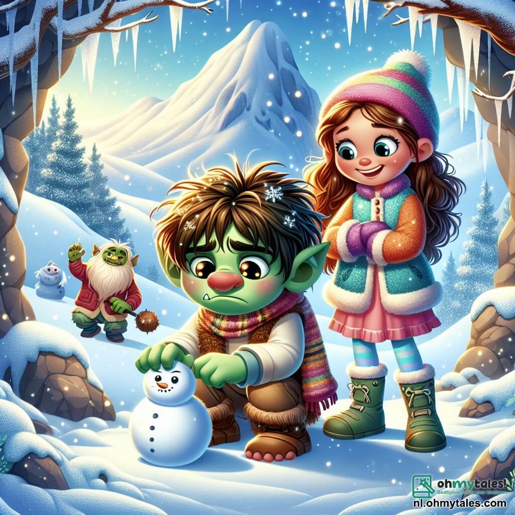 Een troll genaamd Grump, met groene, ruwe huid, zit treurig voor een grote grot, zijn ogen stralend van melancholie. Hij heeft rommelig haar, puntige oren en een grote neus, en kijkt naar de sneeuw die zachtjes om hem heen valt. Naast hem is Lila, een 8-jarig meisje met bruin, krullend haar, die glimlachend en vol energie een sneeuwbal aan het rollen is om een sneeuwpop te maken. Ze draagt een kleurrijke jas en handschoenen, en staat dicht bij Grump, terwijl ze probeert hem te troosten. Op de achtergrond een sprankelend ijzig landschap, met majestueuze bergen en glinsterende vorst, wat een magische en winterse sfeer creëert. De hoofdscène toont Lila die Grump aanmoedigt om zich bij haar aan te sluiten om een sneeuwpop te maken, terwijl de magie van de gletsjer om hen heen begint te stralen.