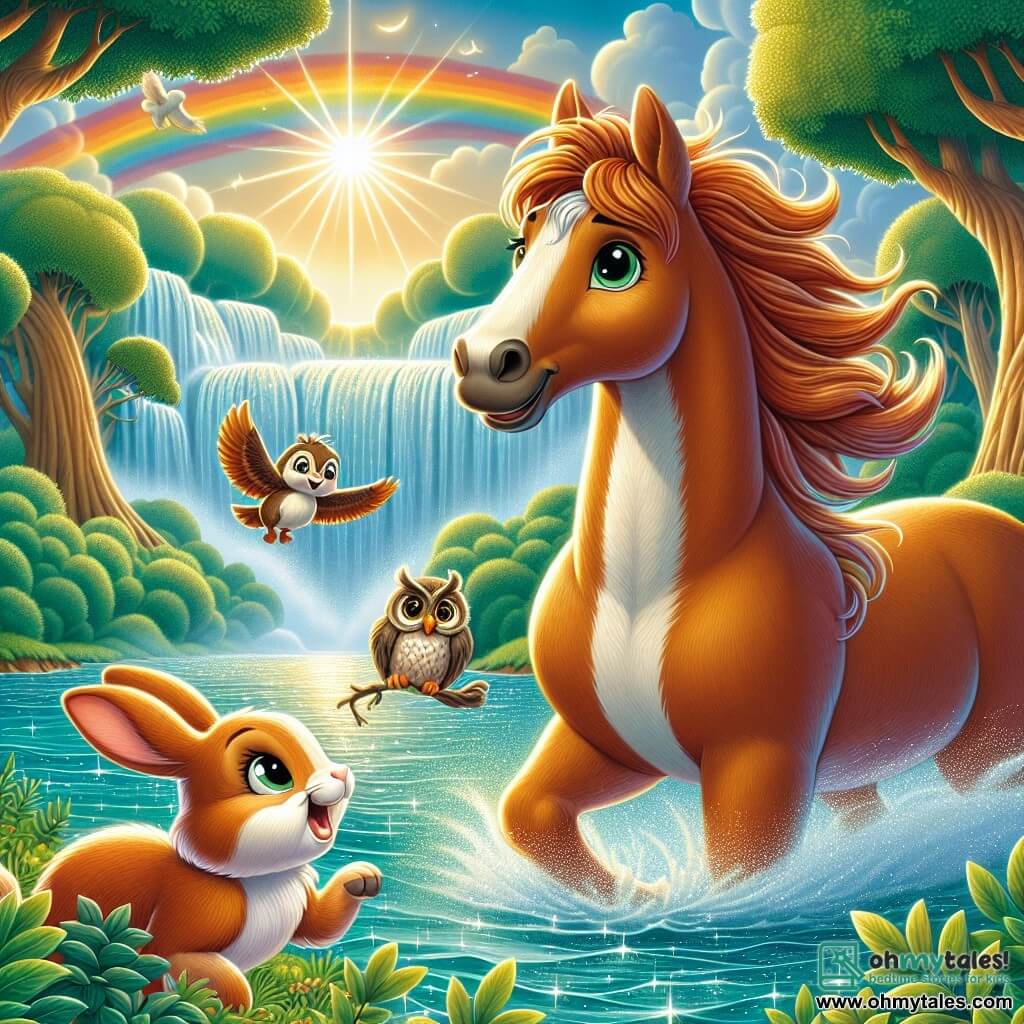 A magnificent horse named Henry, with a shiny chestnut coat and a silky mane flowing in the wind, stands by a sparkling waterfall, his eyes sparkling with excitement and curiosity. Next to him, a small rabbit named Ruby, with soft white fur, joyfully hops, her large ears perked up, while a wise owl named Oliver, with round glasses and brown feathers, flies above them, observing the scene with a benevolent smile. The enchanting setting features a lush forest with majestic trees and emerald green leaves, bathed in the golden light of the setting sun, with the colorful waterfall behind them creating a vibrant rainbow in the air. The main scene shows Henry, Ruby, and Oliver gathered by the waterfall, ready to dive into the sparkling water, celebrating their friendship and the adventure ahead.