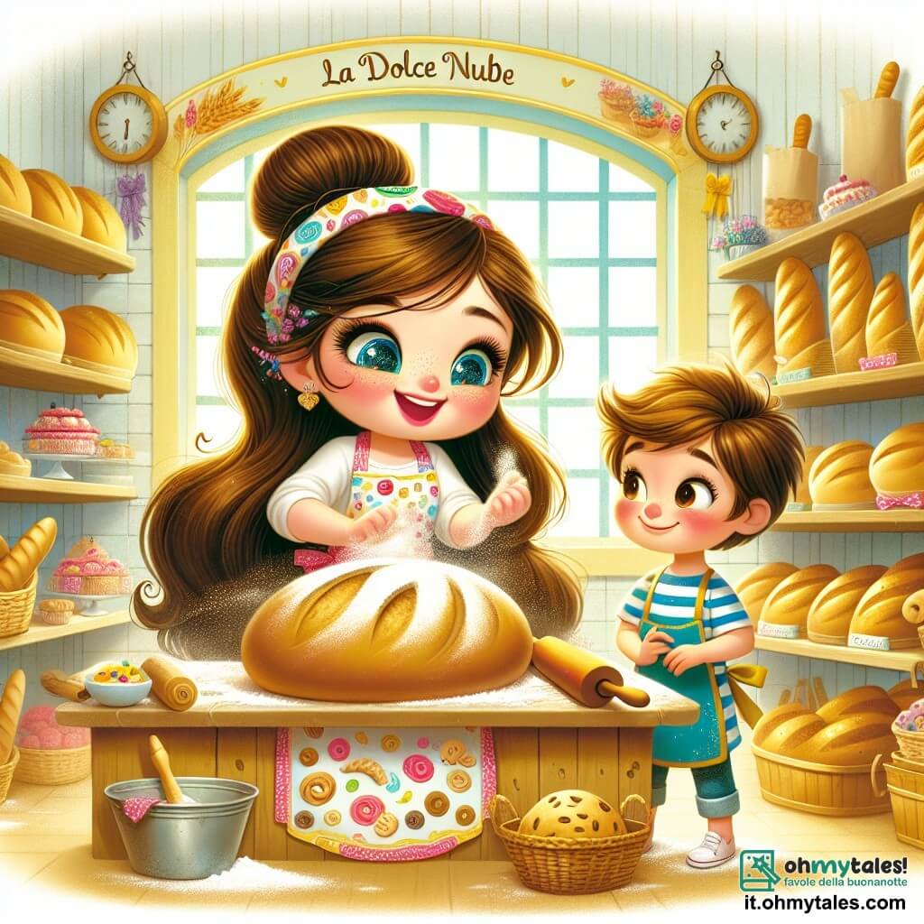 Una giovane donna, Sofia, sorridente e piena di vita, è al centro della scena. Ha lunghi capelli castani raccolti in un chignon, occhi scintillanti e indossa un grembiule colorato con motivi di pane. Sta impastando una pasta per il pane, le sue mani infarinati si muovono gioiosamente. Accanto a lei, un ragazzo di dieci anni di nome Marco, con un viso rotondo e capelli castani in disordine, osserva con meraviglia. Indossa una maglietta a righe e un piccolo grembiule troppo grande per lui. Marco tiene un mattarello, pronto ad aiutare Sofia nella preparazione dei biscotti. La scena si svolge nella panetteria "La Dolce Nube", un luogo caldo e accogliente. Le pareti sono dipinte di giallo pastello, decorate con quadri di pane e dolci. Gli scaffali in legno sono pieni di pani dorati e pasticcini colorati, mentre una dolce luce filtra attraverso le grandi finestre. Sofia e Marco sono in piena creazione, circondati da farina che vola nell'aria, mentre si divertono a preparare pane e biscotti insieme, condividendo risate e storie.