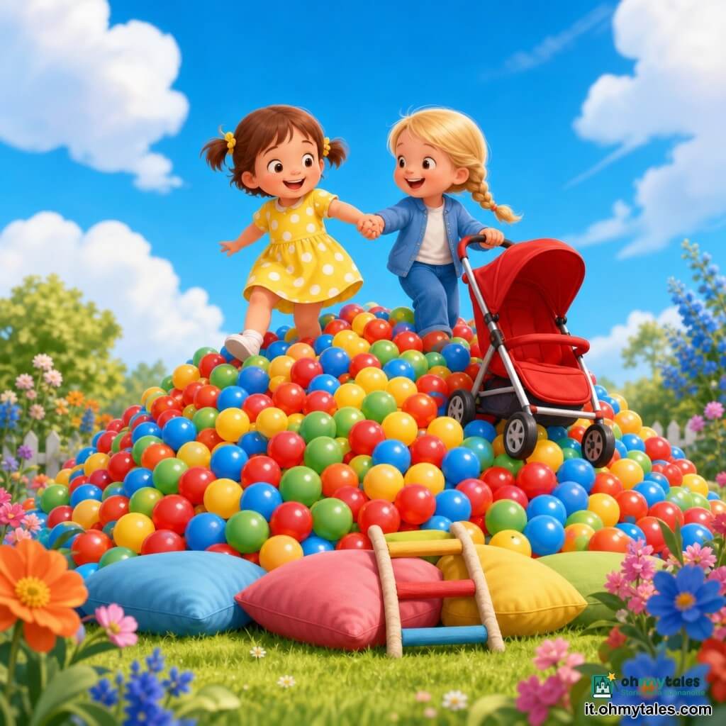 Due bambine di 3 anni: a sinistra una bionda con treccia e giacchetta blu che spinge all'indietro una carrozzina rossa ridendo, a destra una bruna con capelli corti in codini e vestito giallo a pois che cammina all'indietro tenendole la mano mentre salgono insieme una grande montagna di palline multicolori lucide; ambientazione in un grande giardino luminoso con erba verde, fiori colorati ai bordi, alcuni cuscini e una piccola scala di stoffa alla base, cielo azzurro con nuvole soffici; atmosfera gioiosa, colori saturi, luce morbida, espressioni felici e gesti cauti